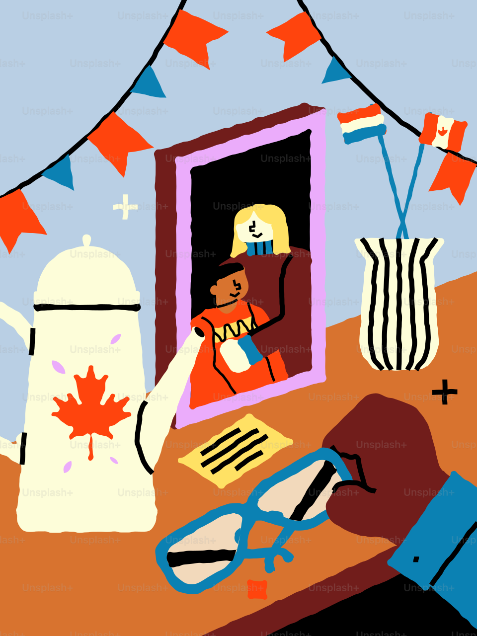 A table with a teapot, a framed portrait, and small flags under bunting