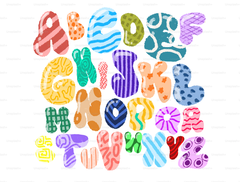 A colorful alphabet with various patterns on each letter against a white background