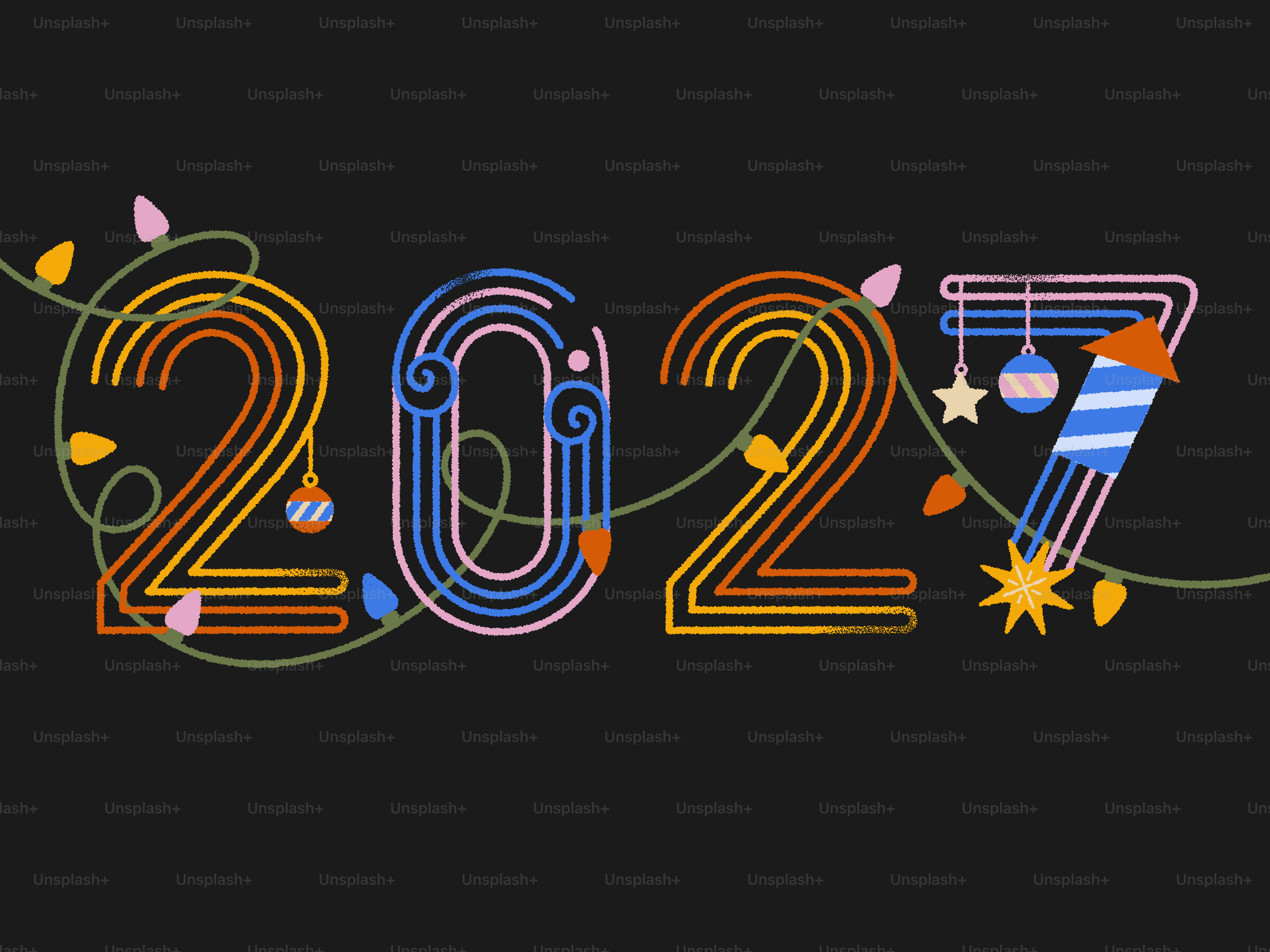 Die Zahlen 2027 in bunten Strichzeichnungen, eingewickelt in Lichterketten auf Schwarz