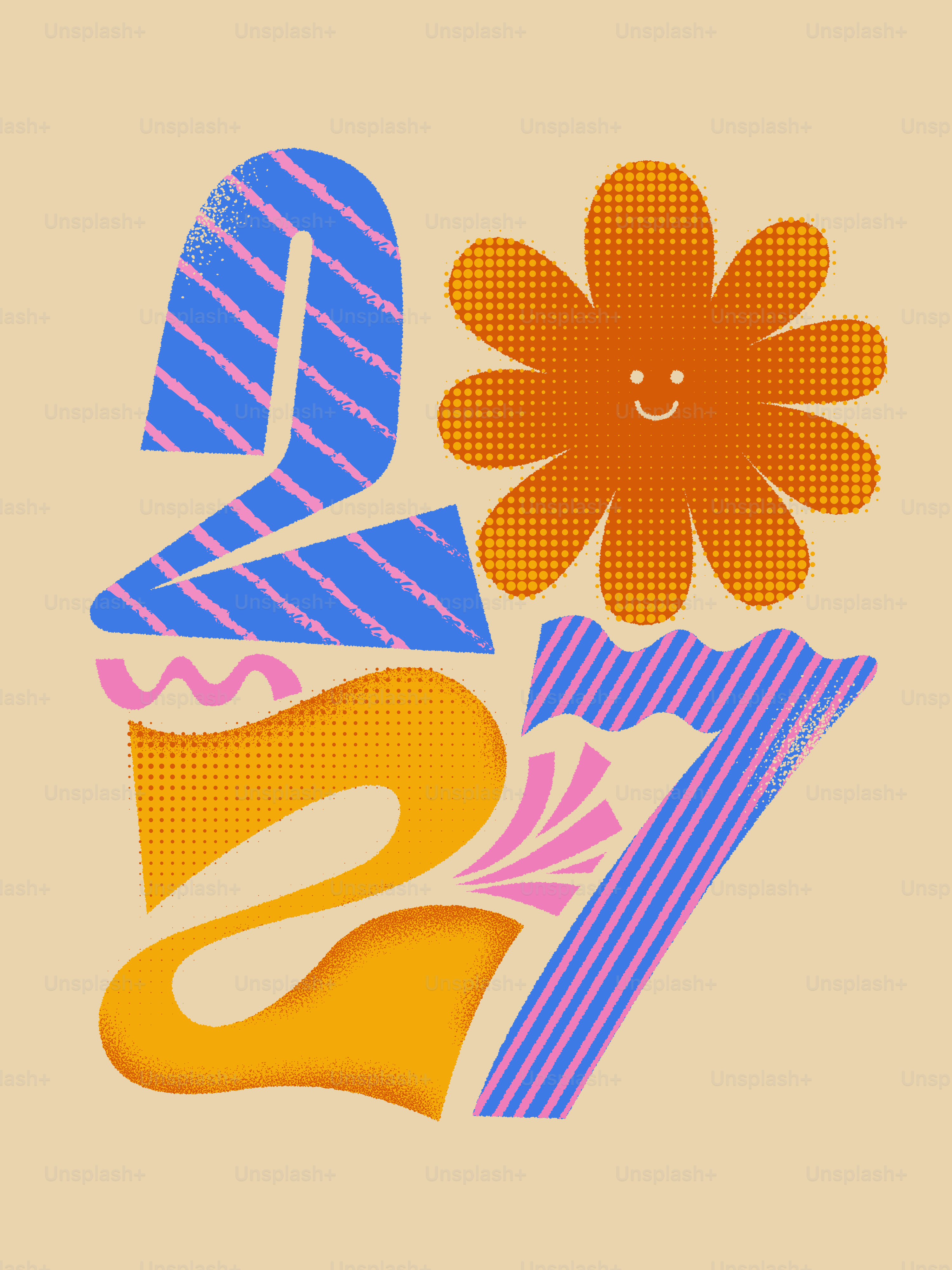 Die Zahl 2027 stilisiert mit blauen Streifen, orangefarbenen Punkten und einer lächelnden Blume