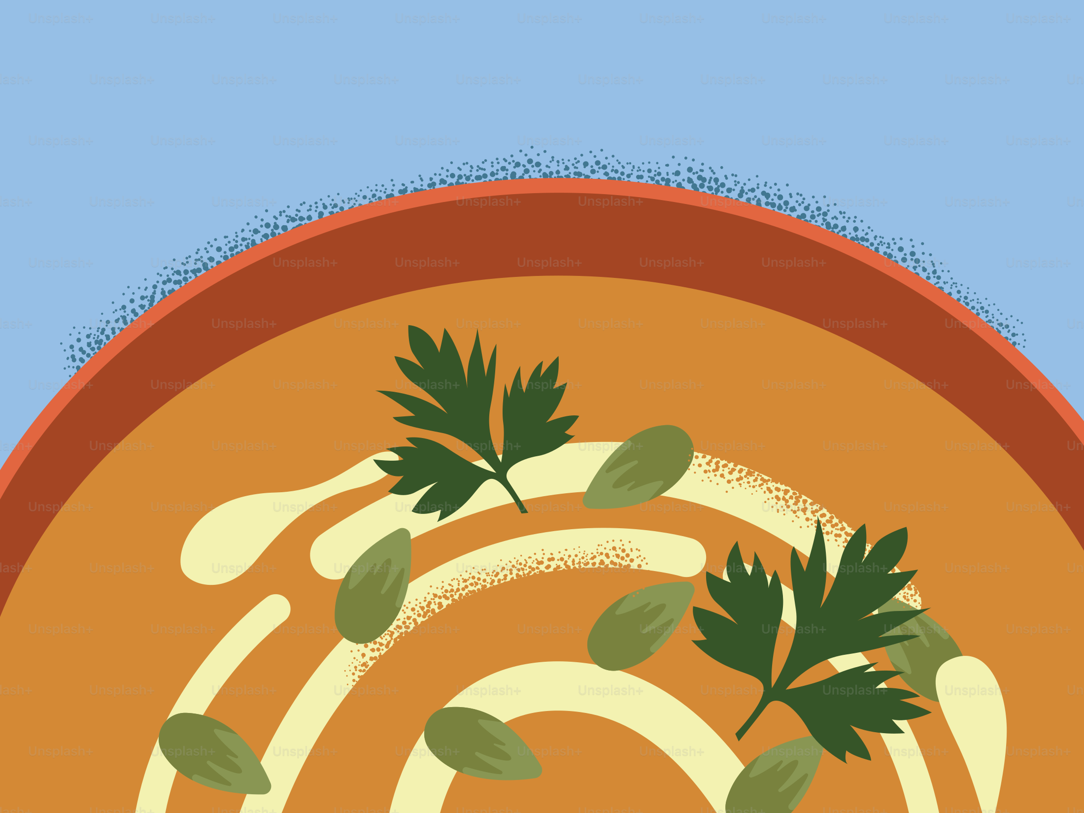 Un cuenco de sopa de naranja cubierto con remolinos de nata, semillas verdes y perejil