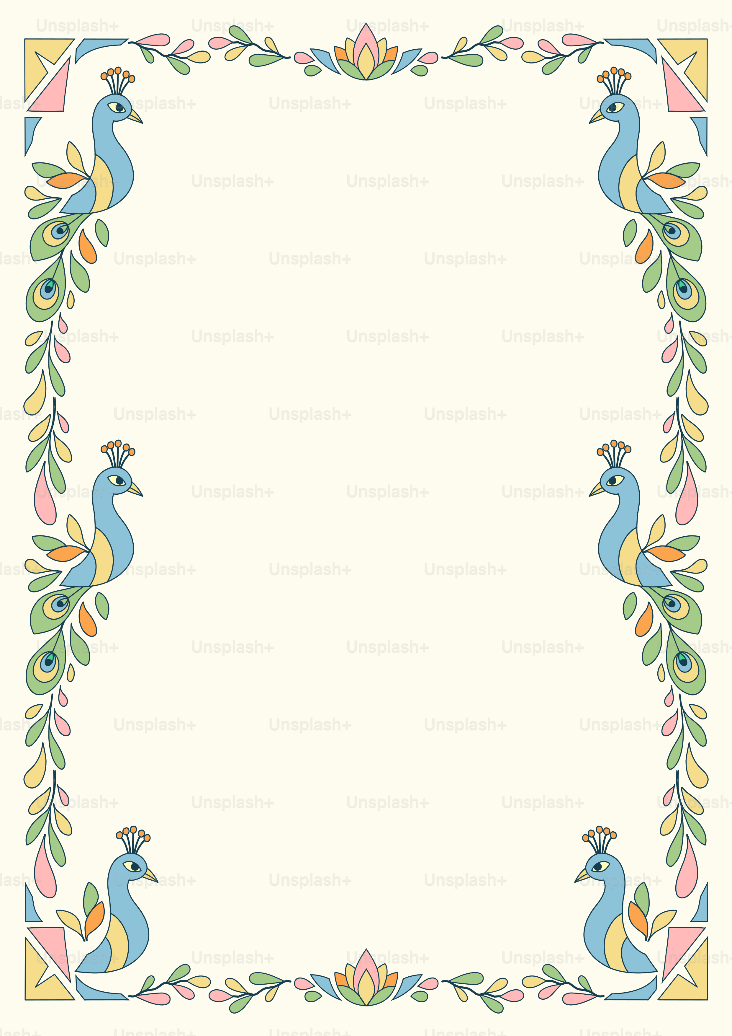 Un bordo decorativo di pavoni blu ed elementi floreali colorati su sfondo crema
