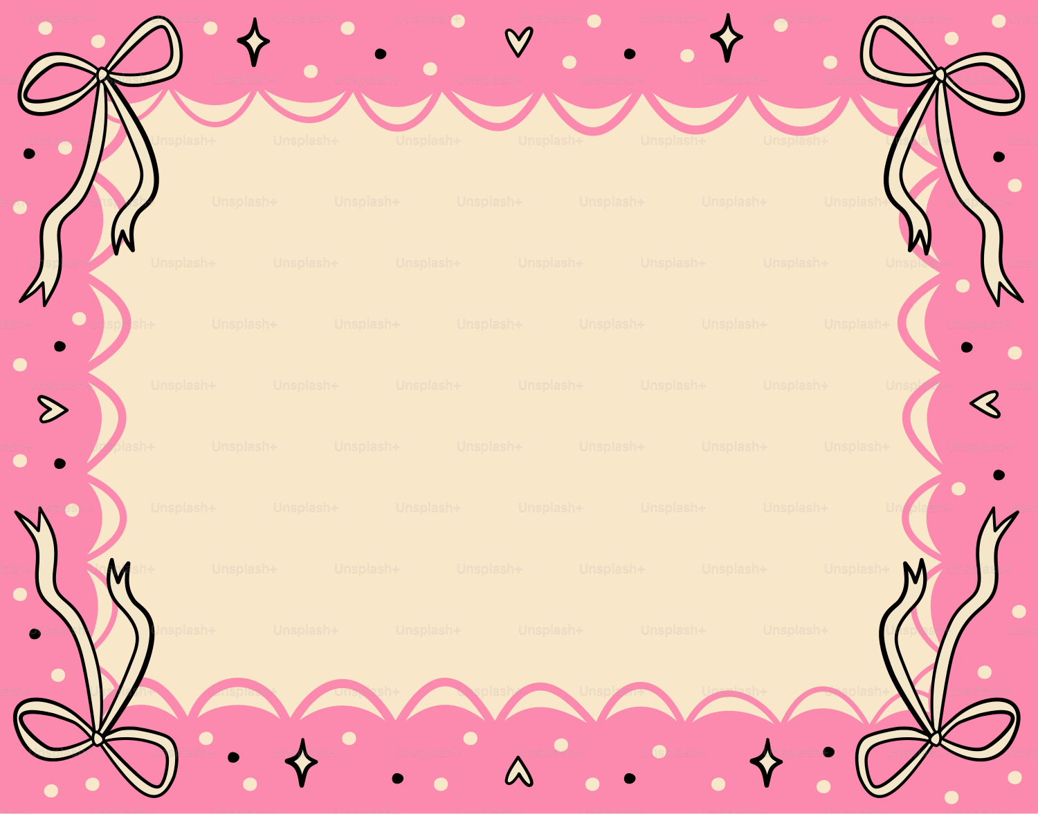 Un borde rosa con ondulaciones con cintas, corazones y estrellas color crema sobre fondo beige