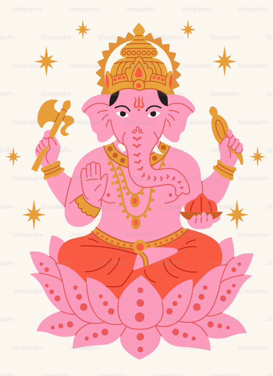 Ganesha berkulit merah muda mengenakan mahkota emas yang duduk di atas bunga teratai merah muda