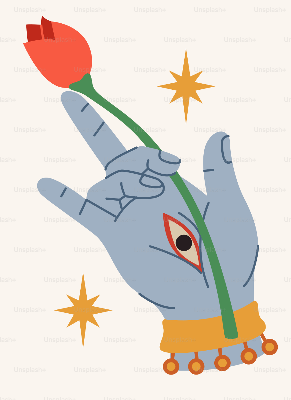 A blue hand with an eye on the palm holding a red flower