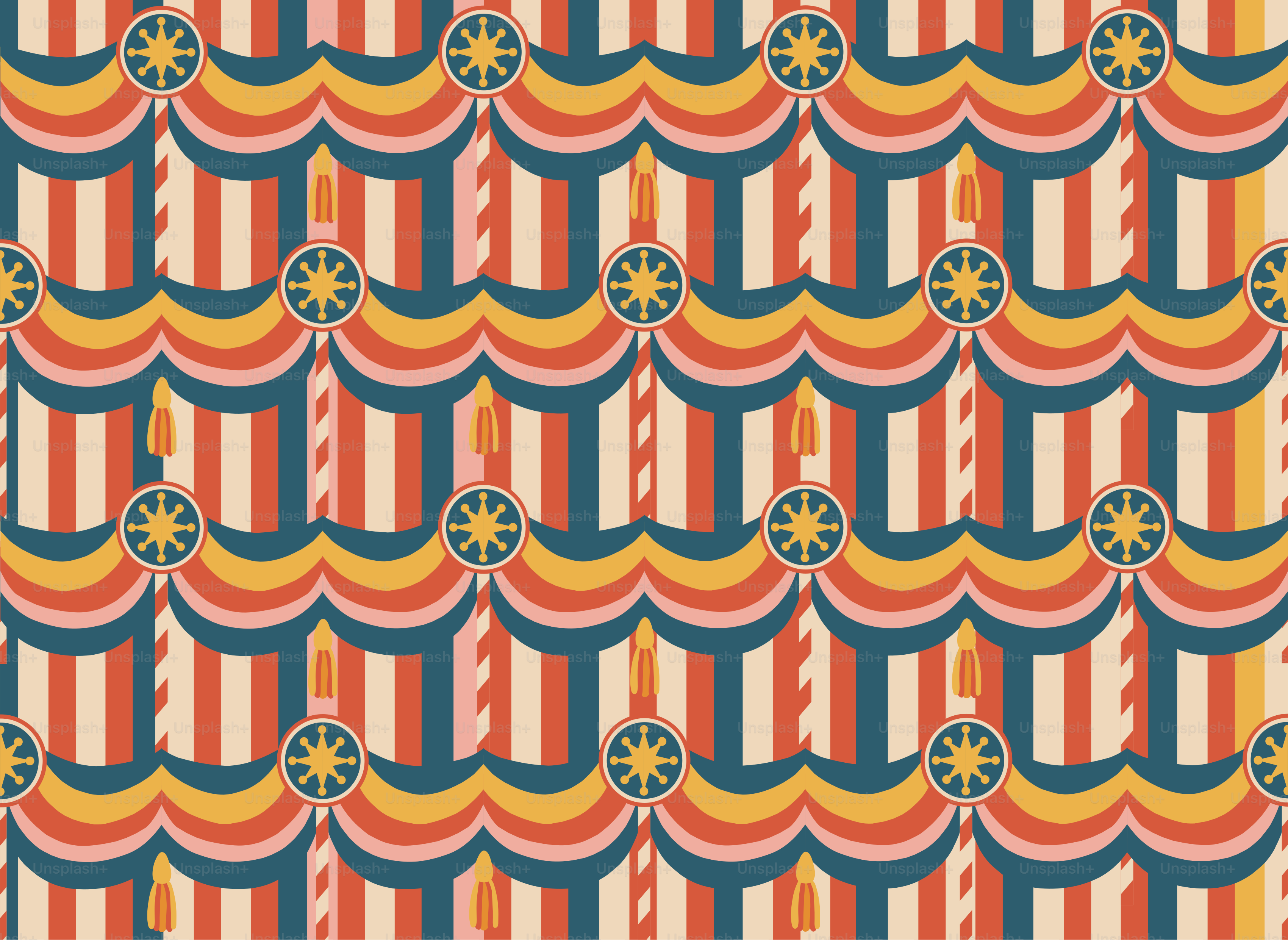 Un motivo senza soluzione di continuità di chiope circenses colorate con strisce ed emblemi circolari a stelle