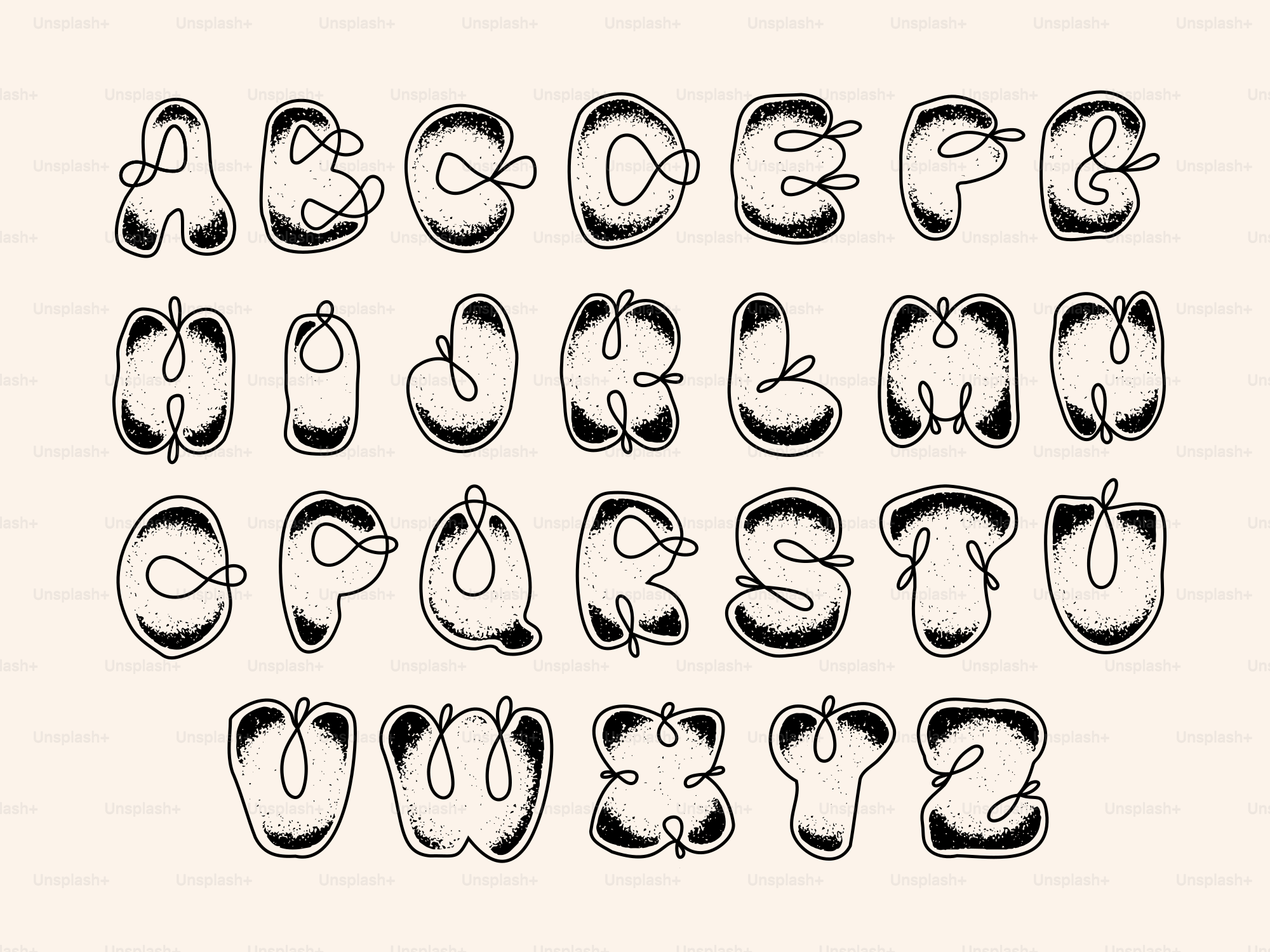 Un alfabeto completo di lettere disegnate a mano con ombreggiature punteggiate e anelli di linea continui