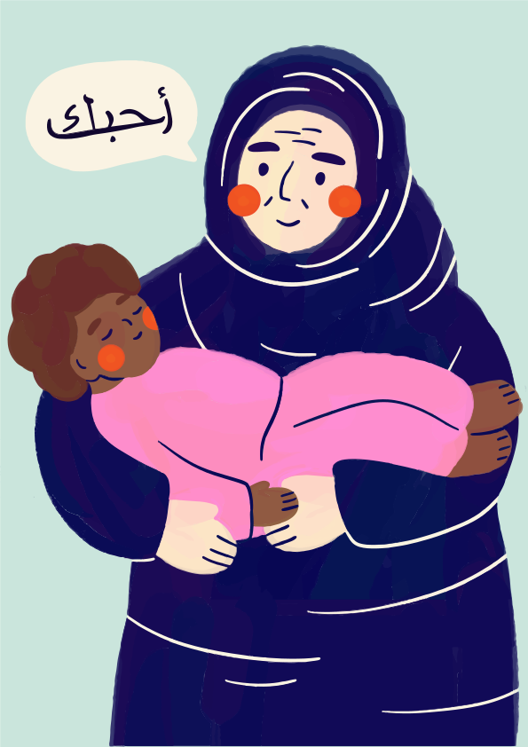 An adult in a dark hijab holding a sleeping child in pink pajamas