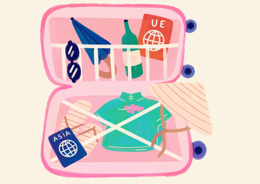 An open pink suitcase packed with a blue umbrella, bottle, passports, shirt, and hat