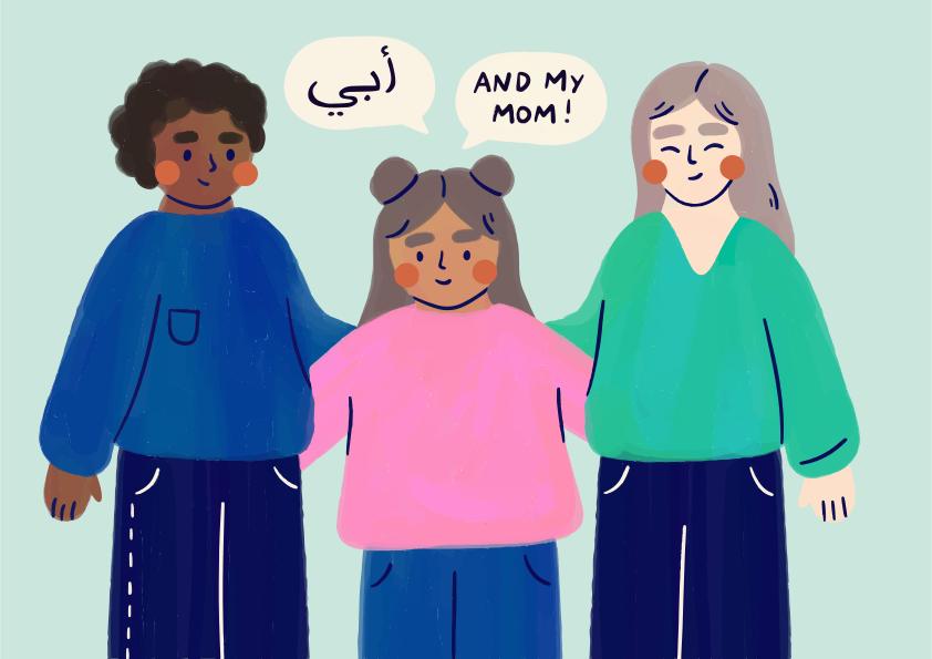 A family of three with speech bubbles containing text in Arabic and English