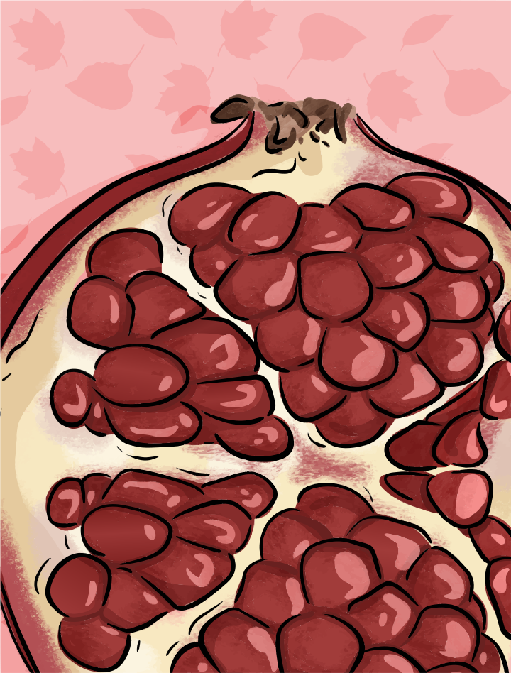 A halved pomegranate with dark red seeds against a light pink leaf pattern