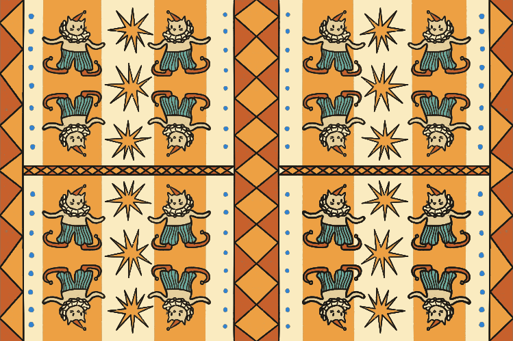 Un motif répétitif de chats en costumes de clown avec des étoiles et des losanges orange