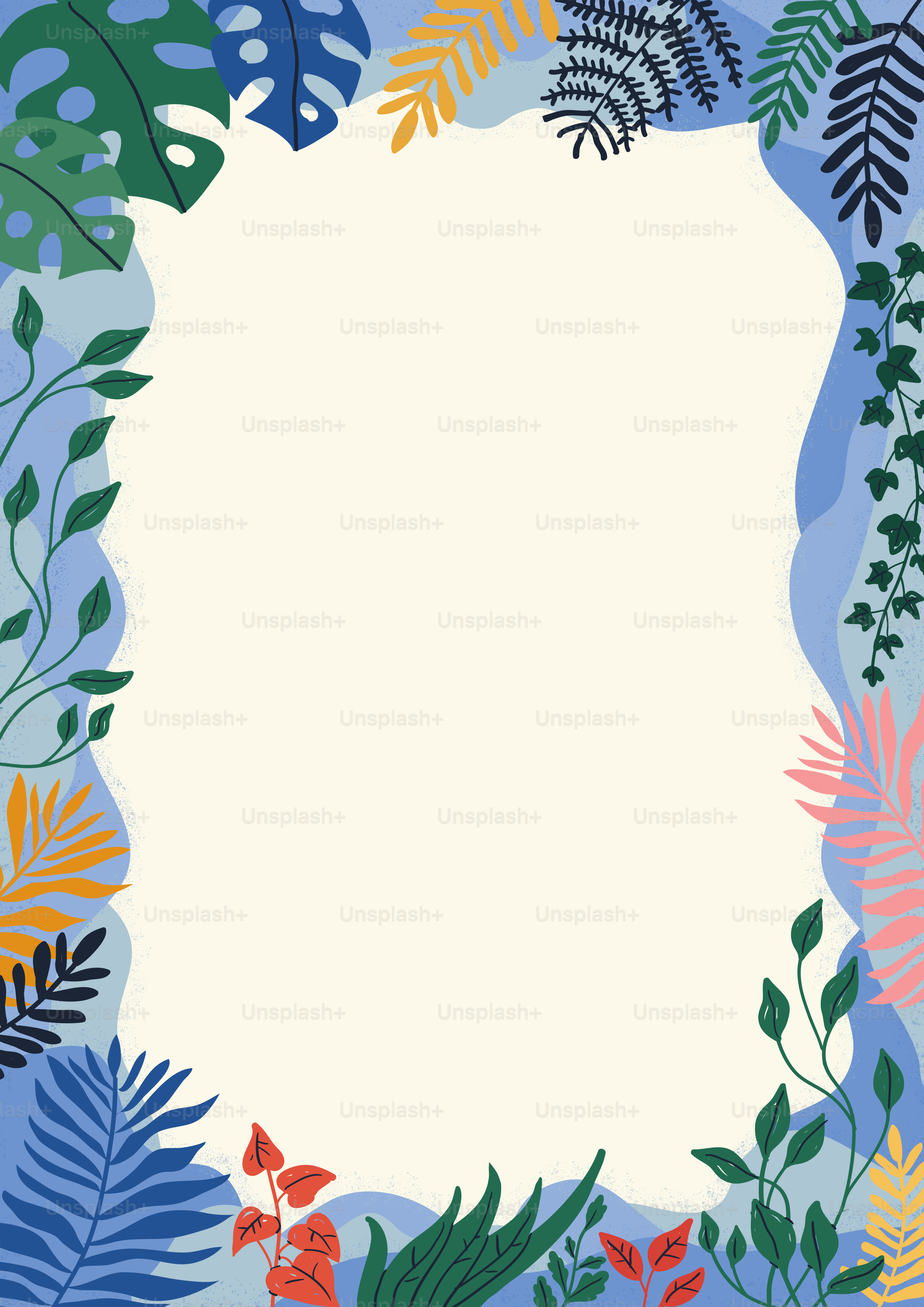 A decorative border of colorful tropical leaves and vines on a cream background
