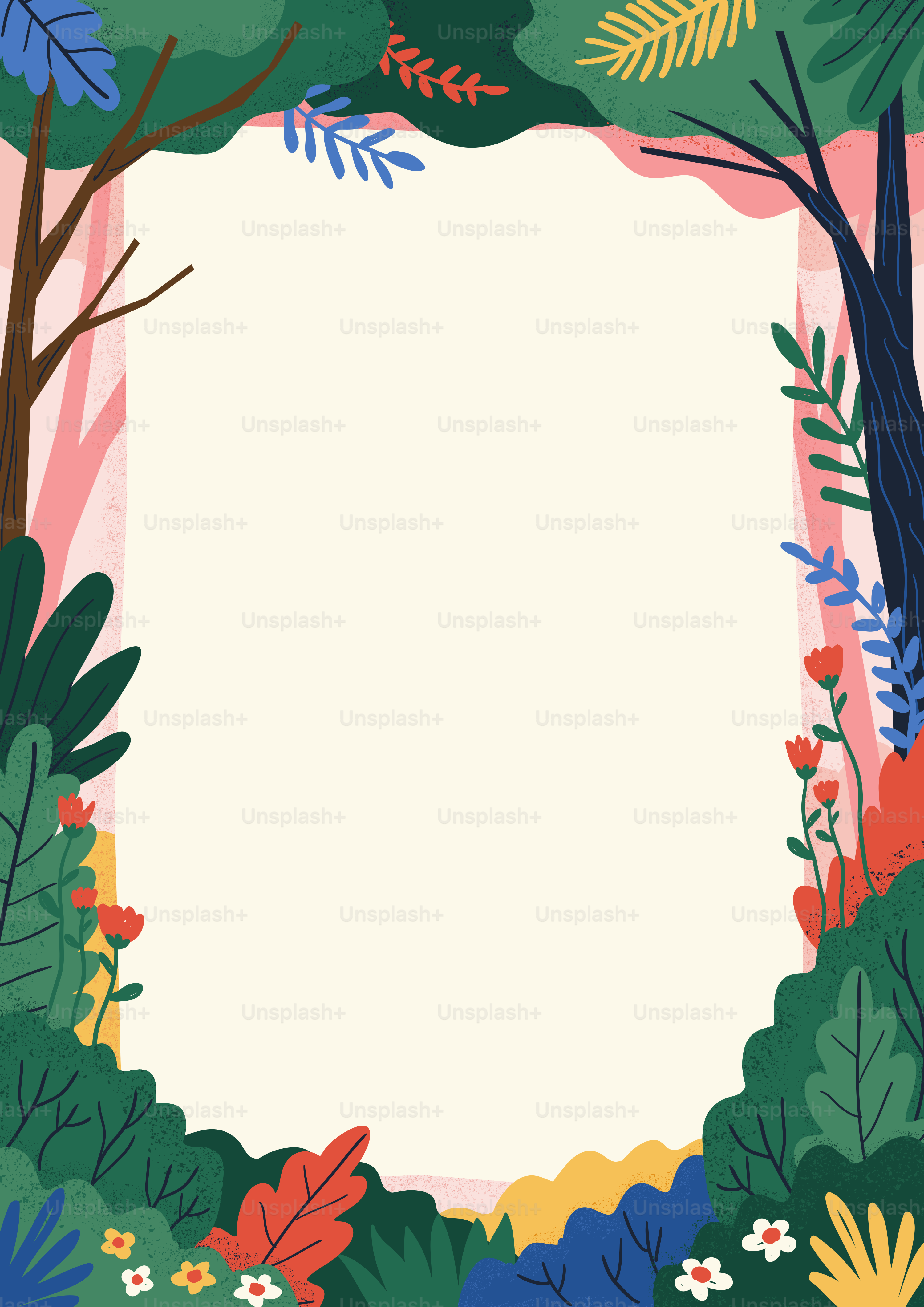 A decorative border of stylized trees, leaves, and flowers surrounding a blank center