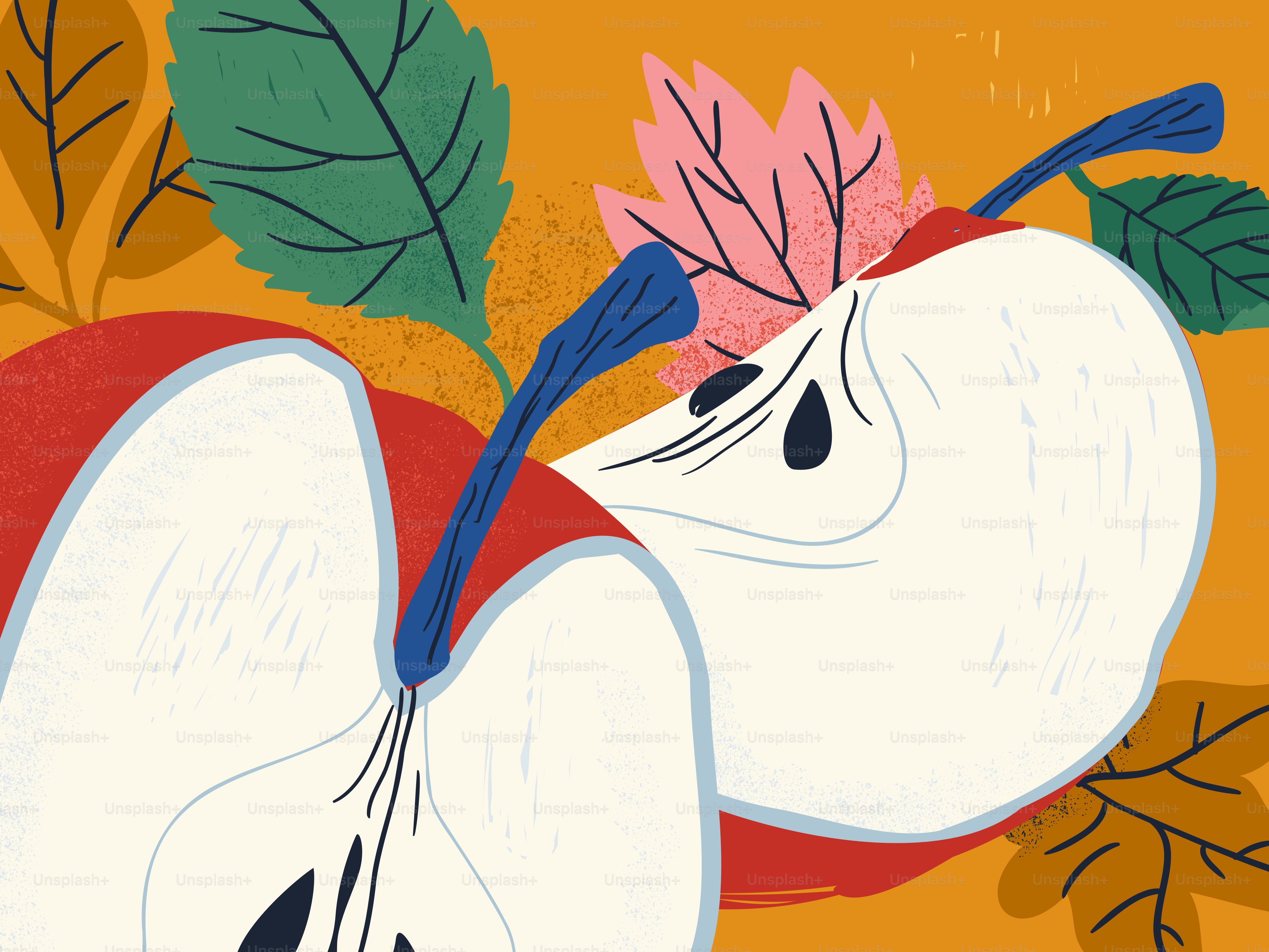 Two apple halves with blue stems among colorful autumn leaves on orange background