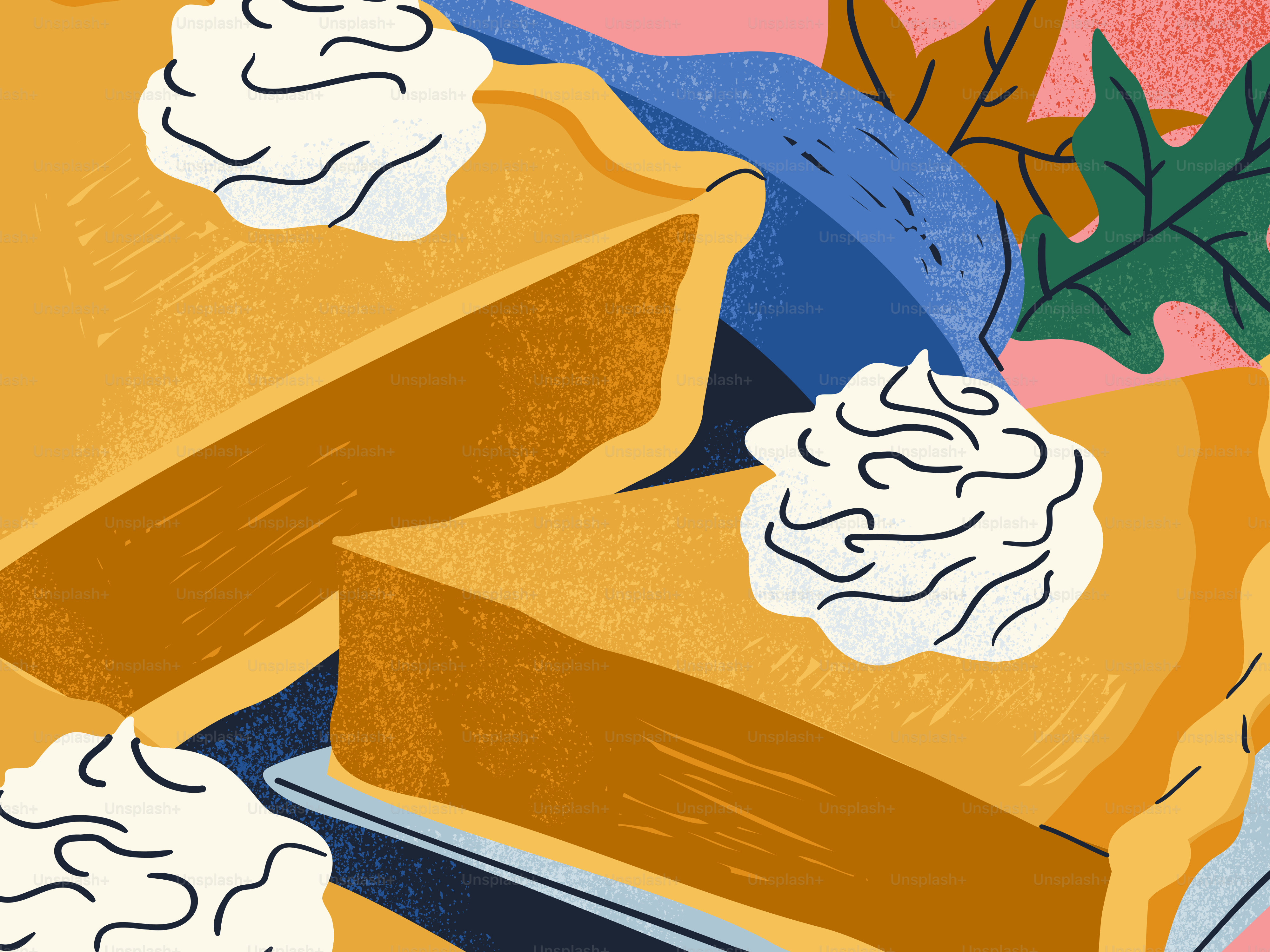 Slices of pumpkin pie topped with whipped cream and autumn leaves