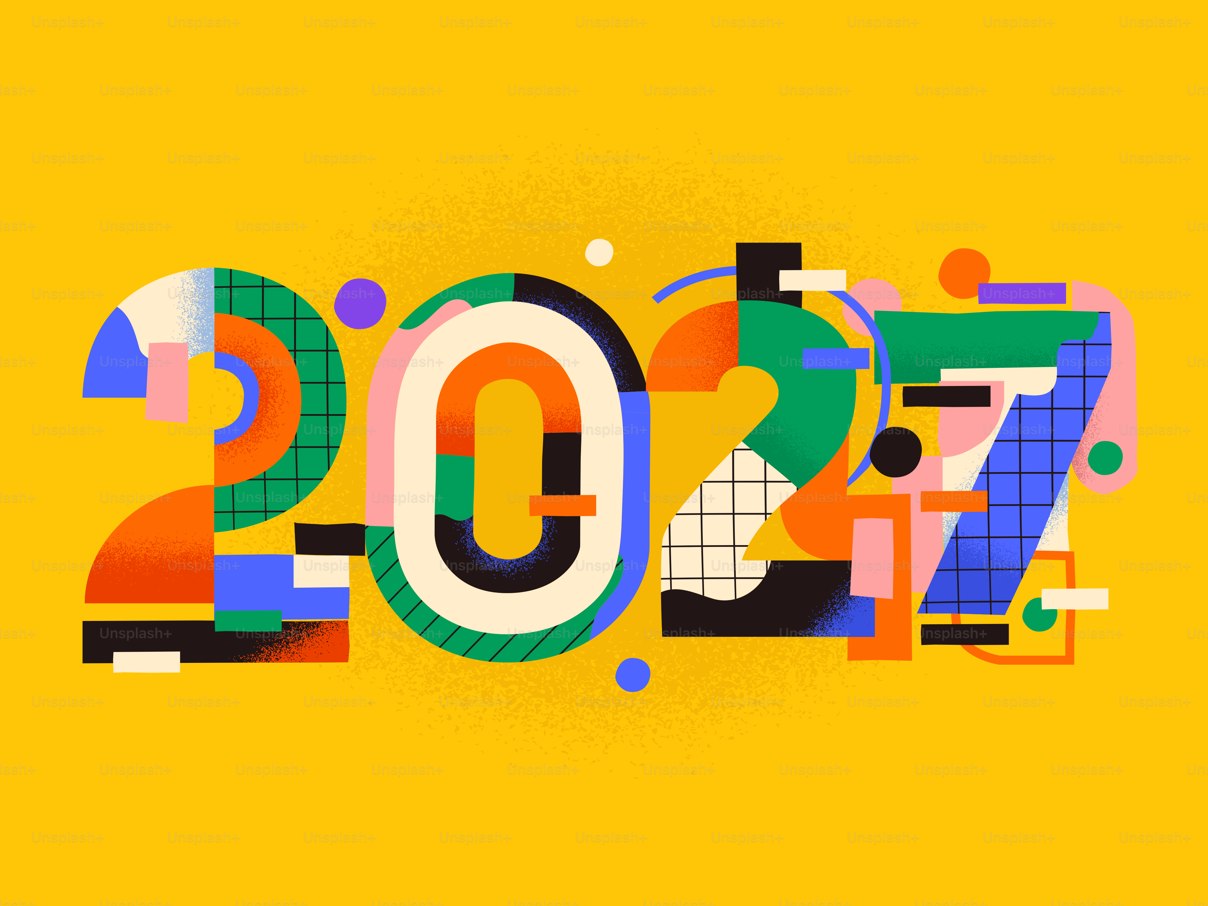 The numbers 2027 in a colorful geometric style on a yellow background