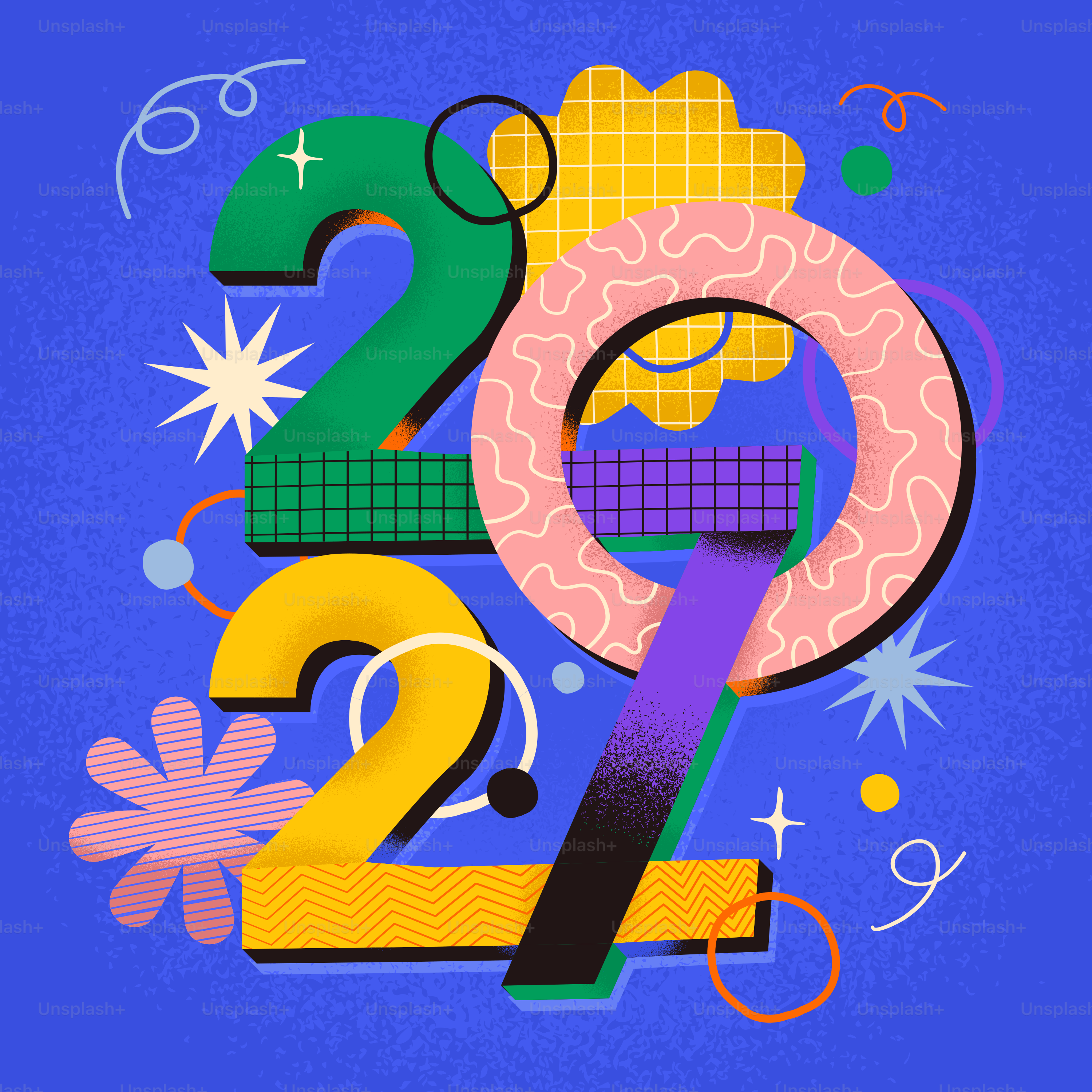 The number 2027 in colorful stylized typography with geometric shapes on blue