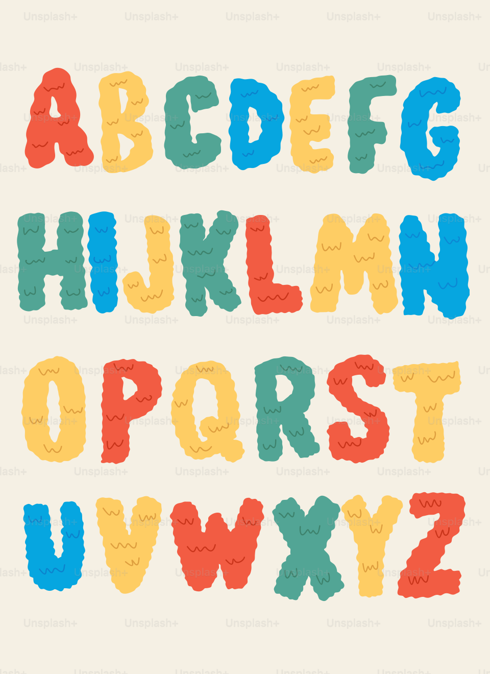 Colorful hand drawn alphabet letters in red, yellow, blue, and green