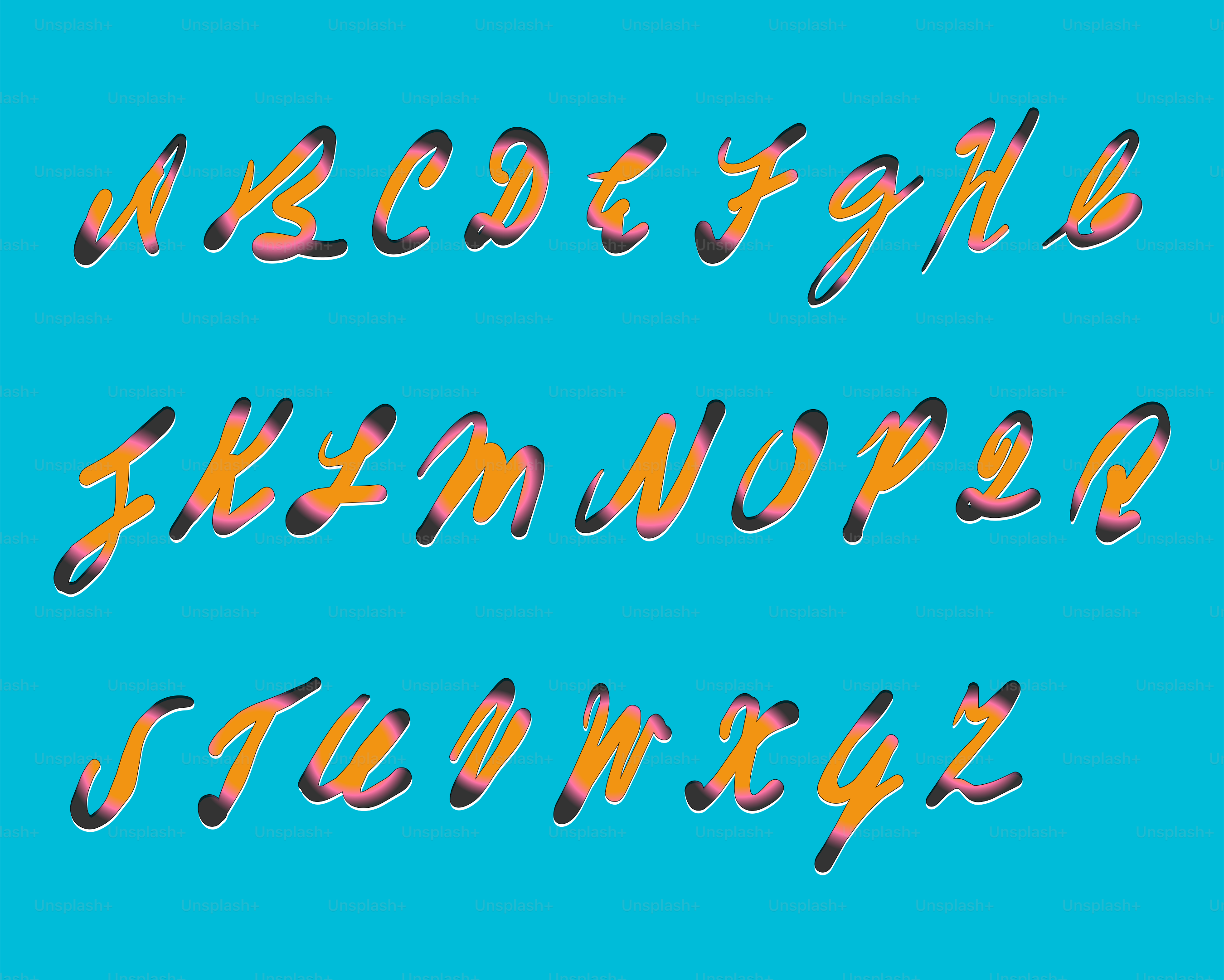The English alphabet in a stylized cursive font with orange and pink gradients