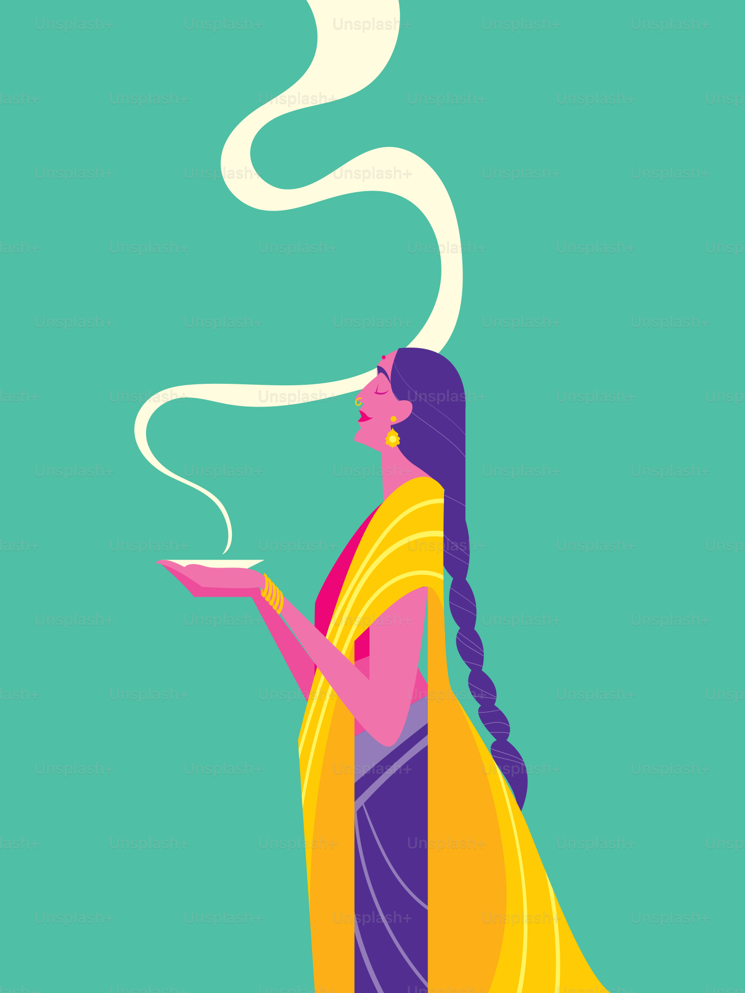 Una donna in un sari giallo che tiene una piccola ciotola con fumo che si alza