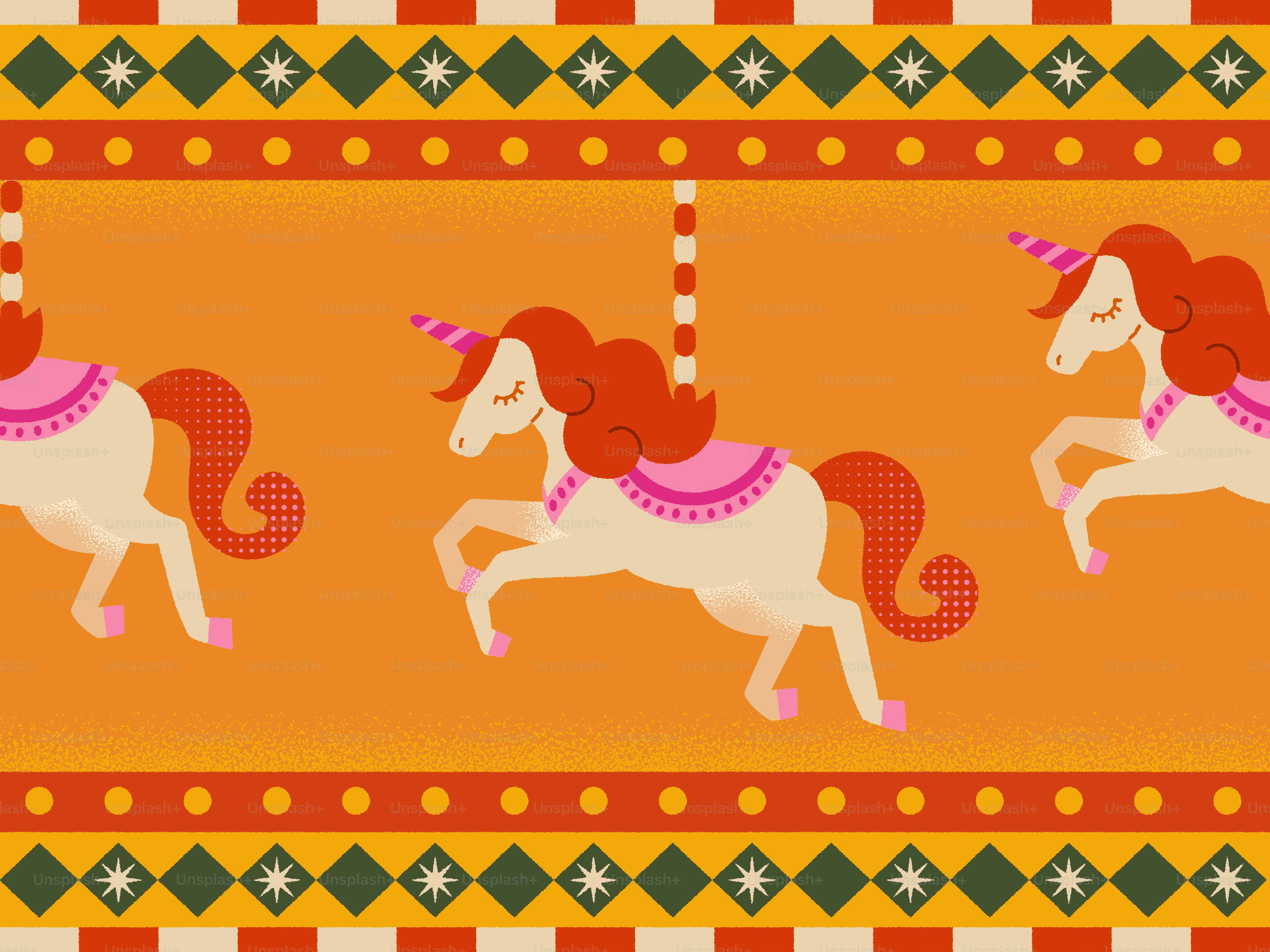 Ein sich wiederholendes Muster von Karussell-Einhörnern mit orangefarbenen Mähnen auf einem leuchtend orangefarbenen Hintergrund