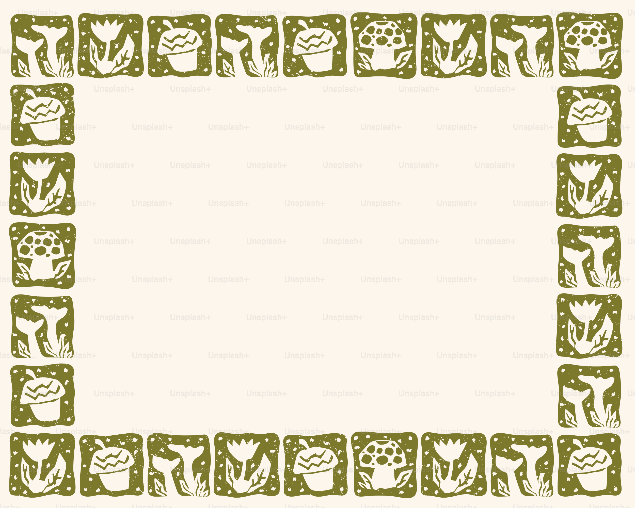 Une bordure de page de carreaux vert olive représentant des fleurs blanches, des champignons et des glands
