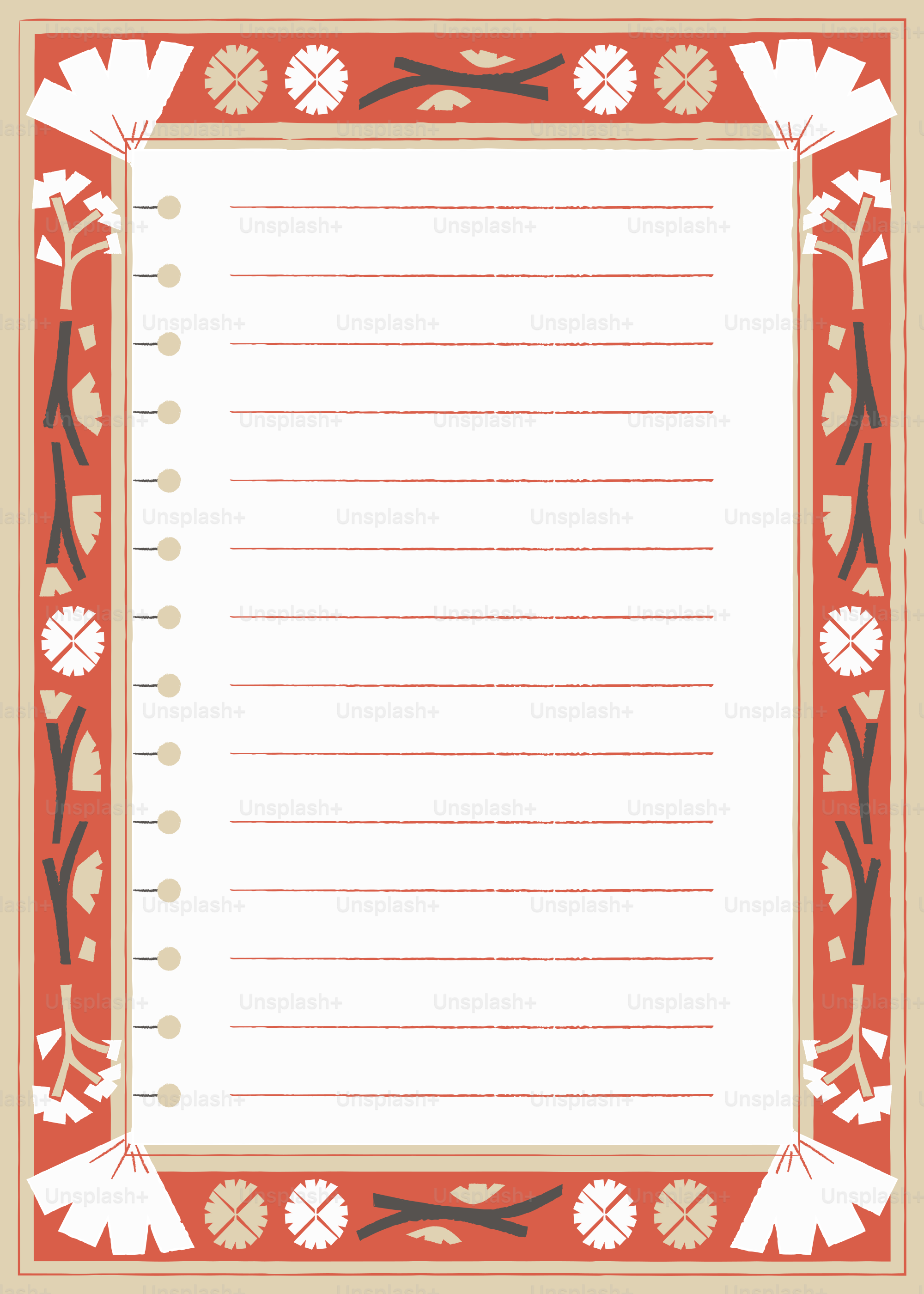 Uma página de bloco de notas pautada com uma borda vermelha decorativa apresentando flores brancas estilizadas