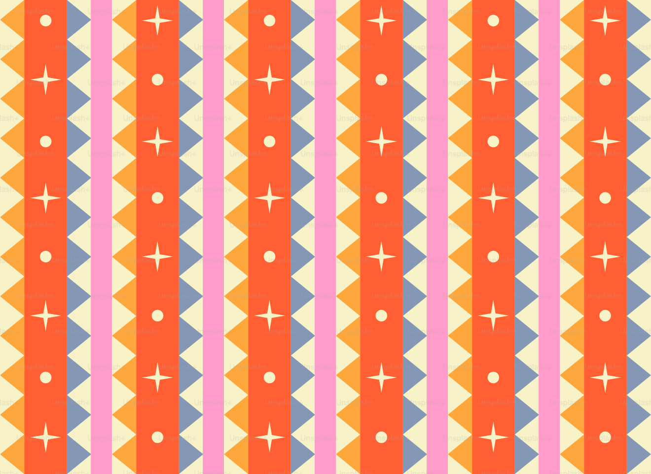 A seamless pattern of vertical stripes with geometric triangles, circles, and star shapes