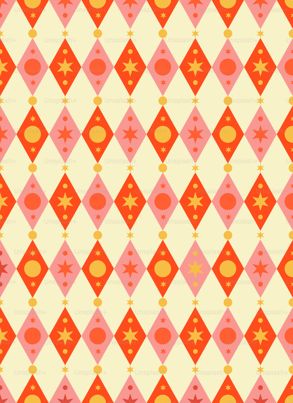 A seamless pattern of orange and pink diamonds with yellow stars and circles