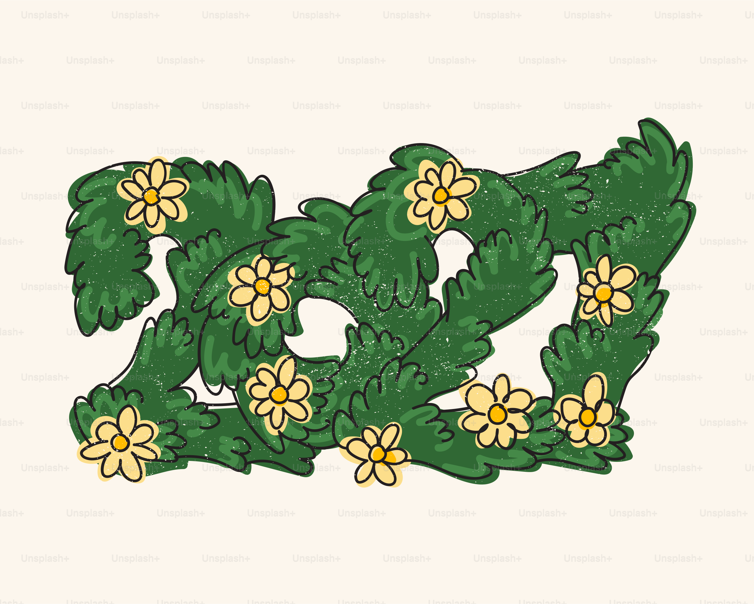 Le nombre 2027 s’est formé à partir de textures d’herbe verte avec des fleurs jaunes
