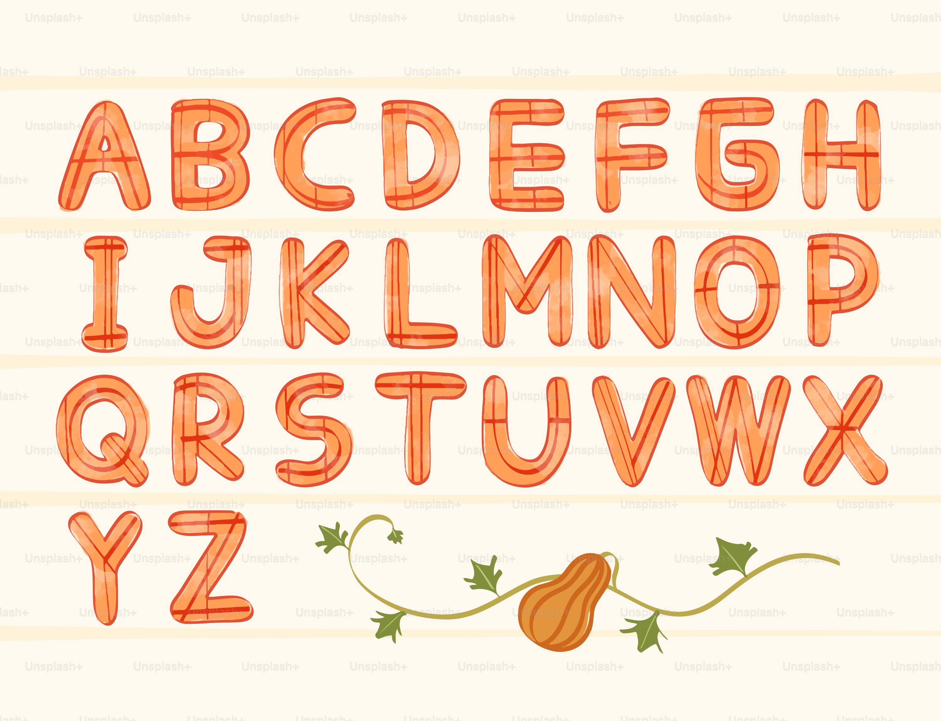 Handgezeichnete orangefarbene Buchstaben mit einer Pumpranke auf hellem Hintergrund