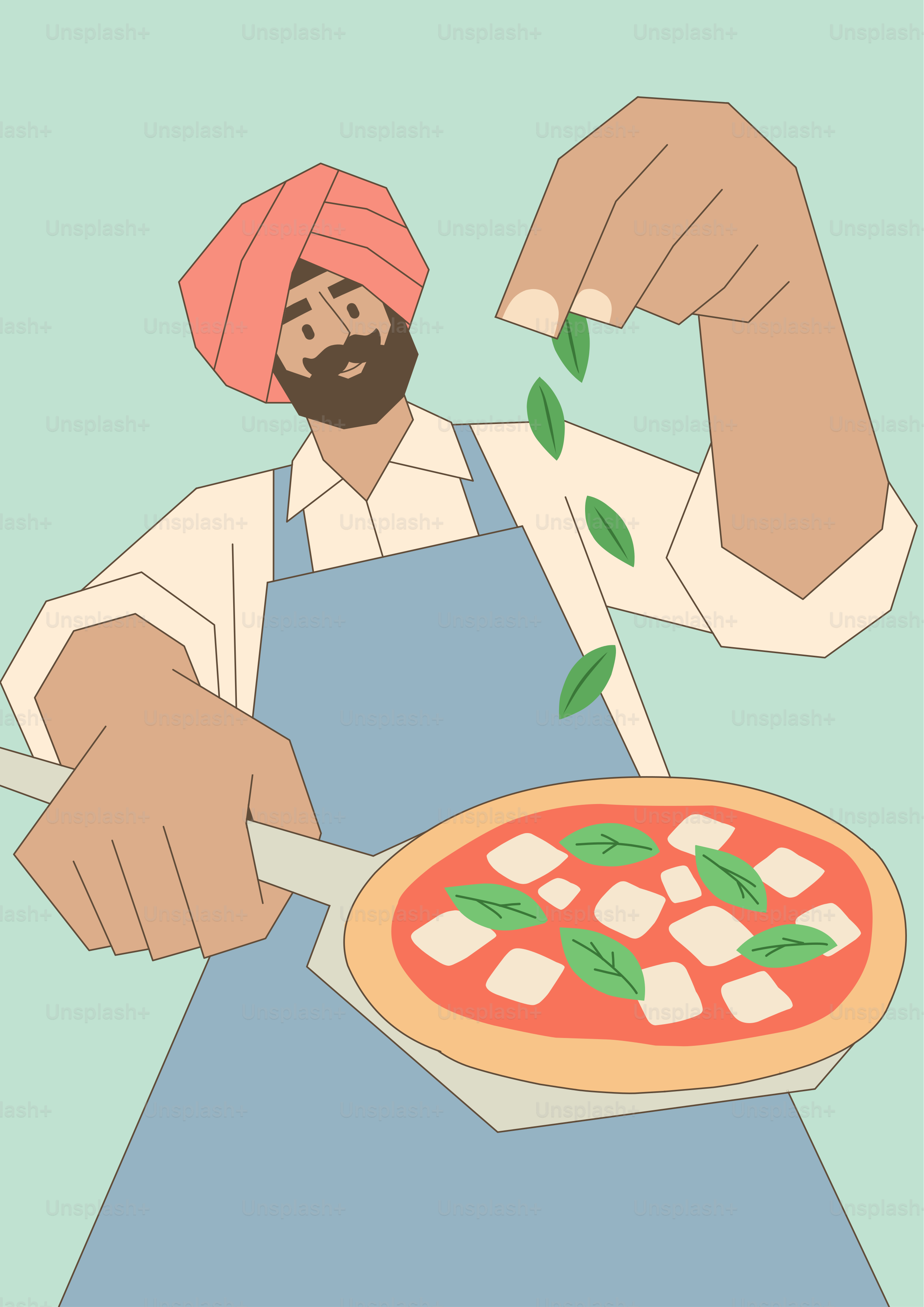Una persona con turbante e grembiule che sparge foglie di basilico su una pizza
