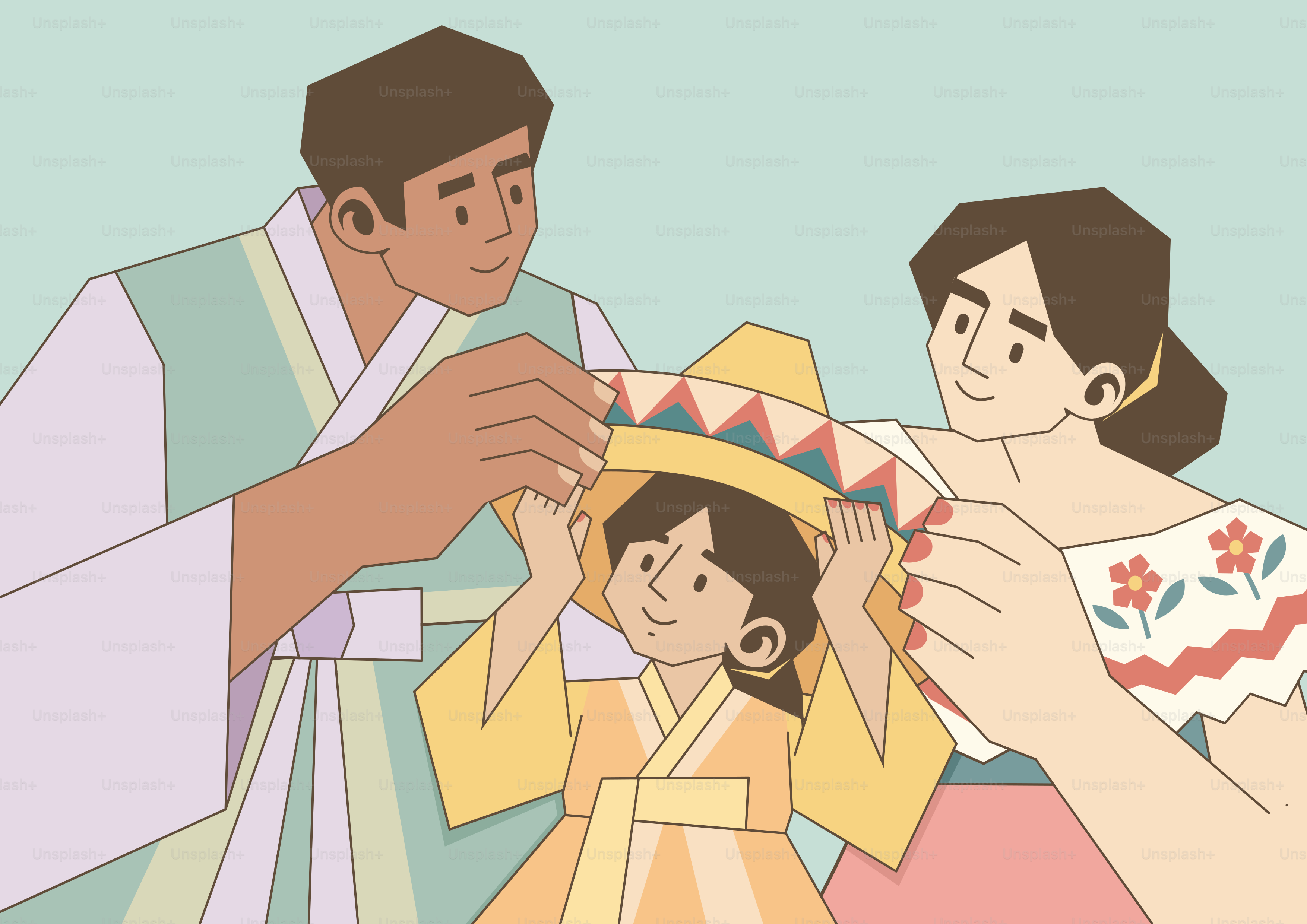 Due adulti che mettono un sombrero su un bambino che indossa un hanbok giallo