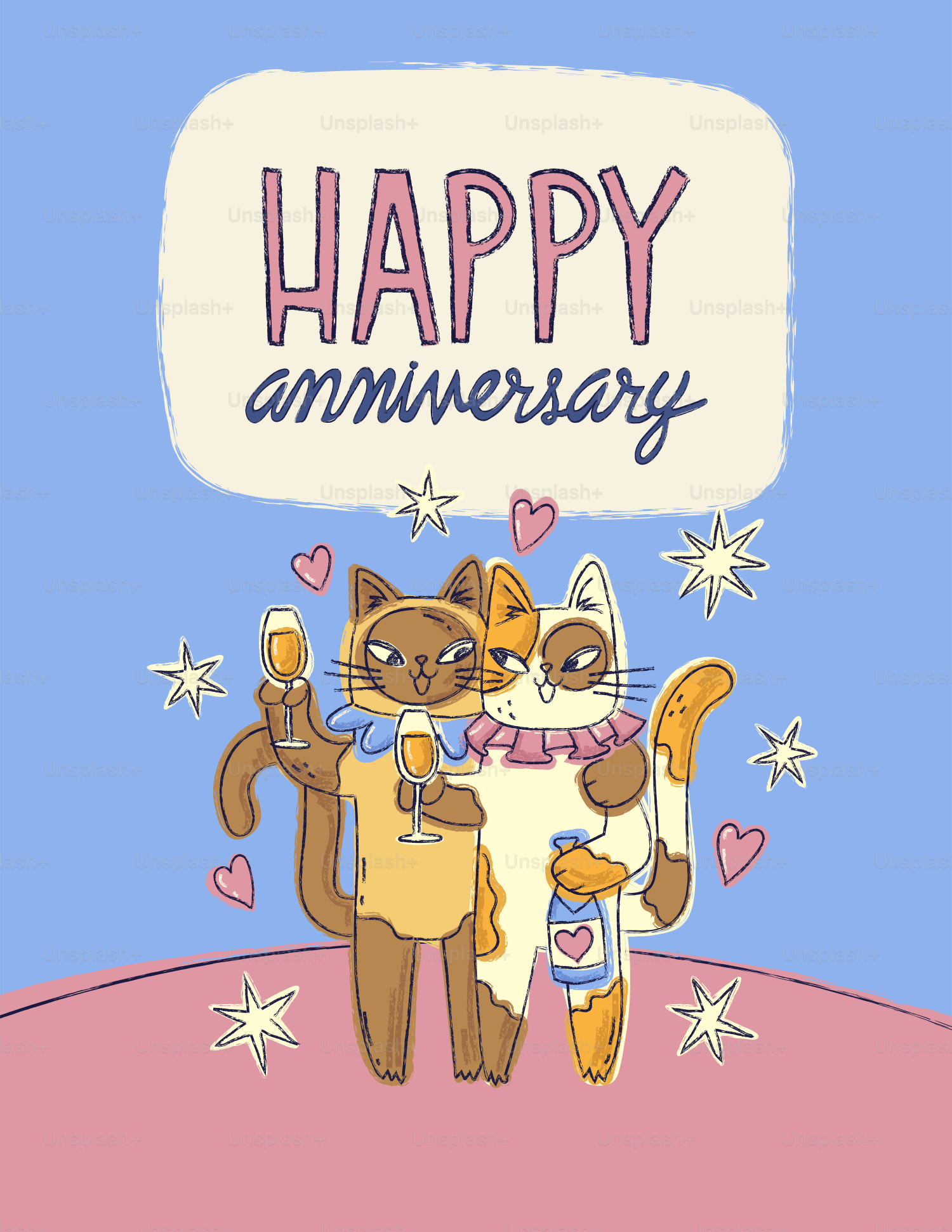Two cats holding glasses on a pink and blue background with text reading "HAPPY anniversary"