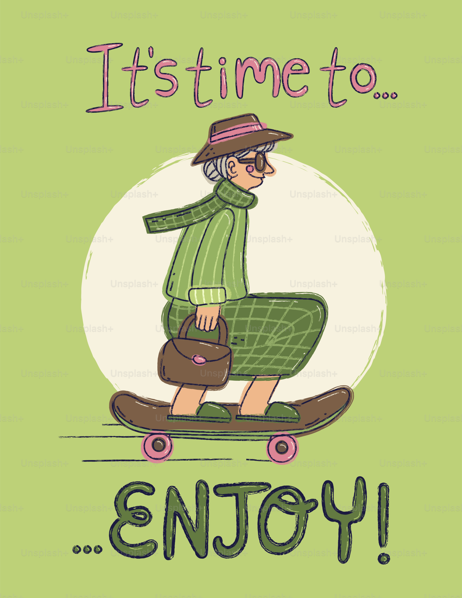 An elderly woman in a green outfit riding a skateboard on a green background