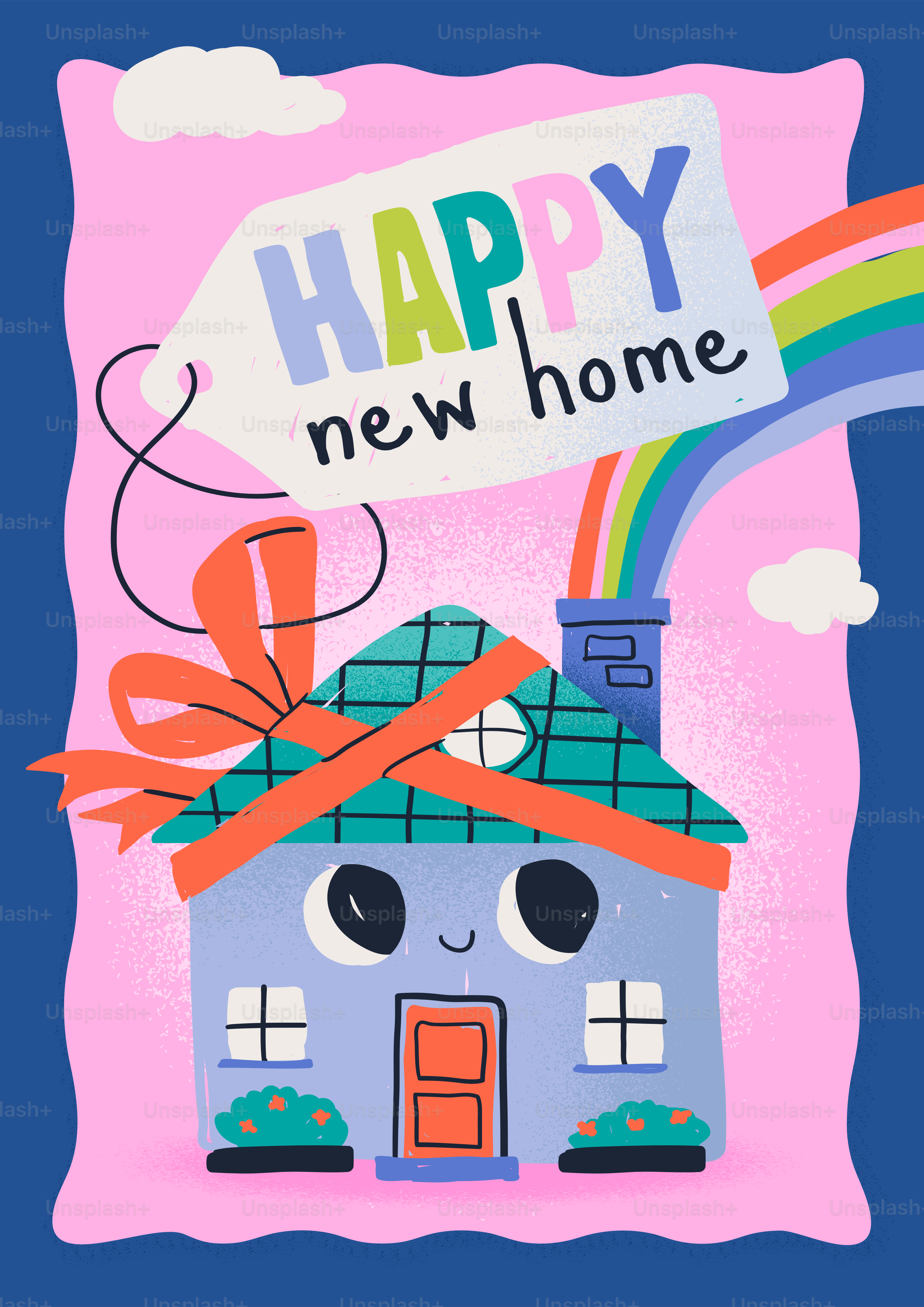 A house illustration with a red bow, rainbow, and tag reading Happy new home