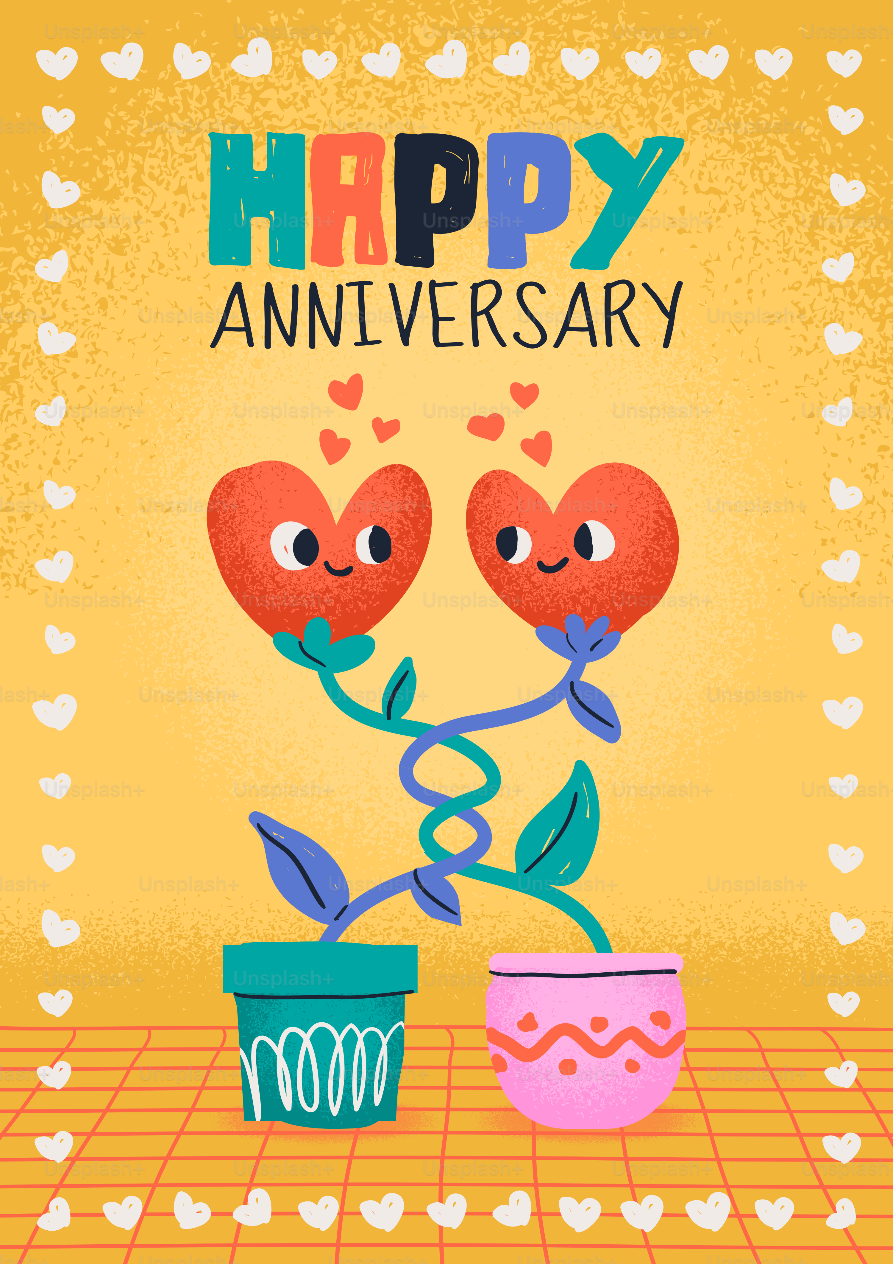 Two heart-shaped flowers in pots with stems intertwined on a yellow background