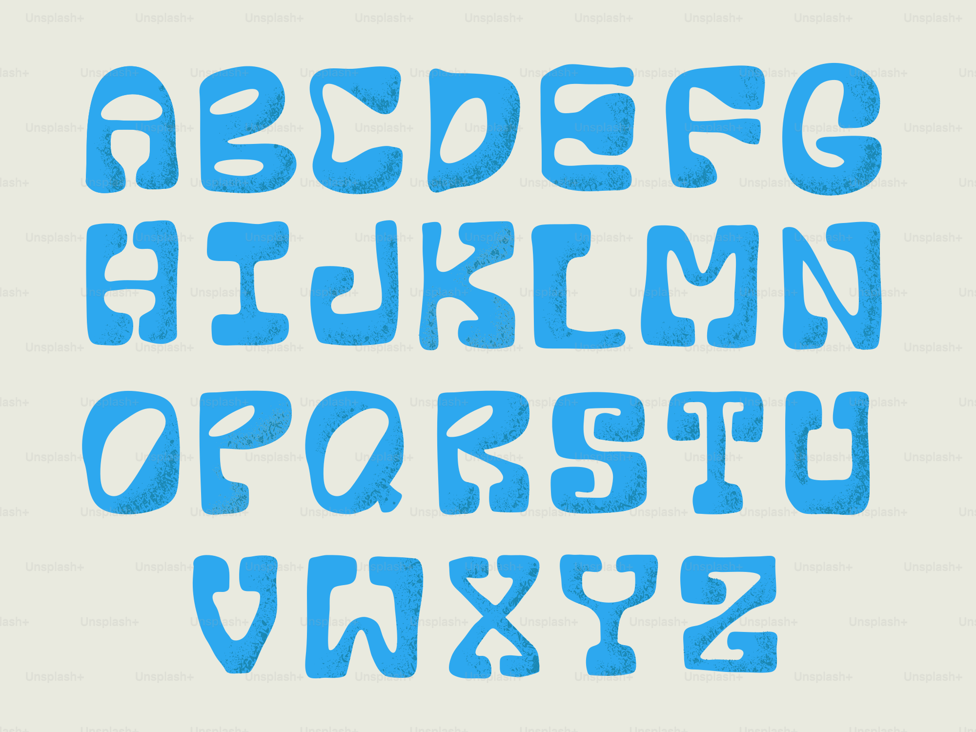 Un alfabeto completo di lettere blu con texture in un carattere stilizzato arrotondato