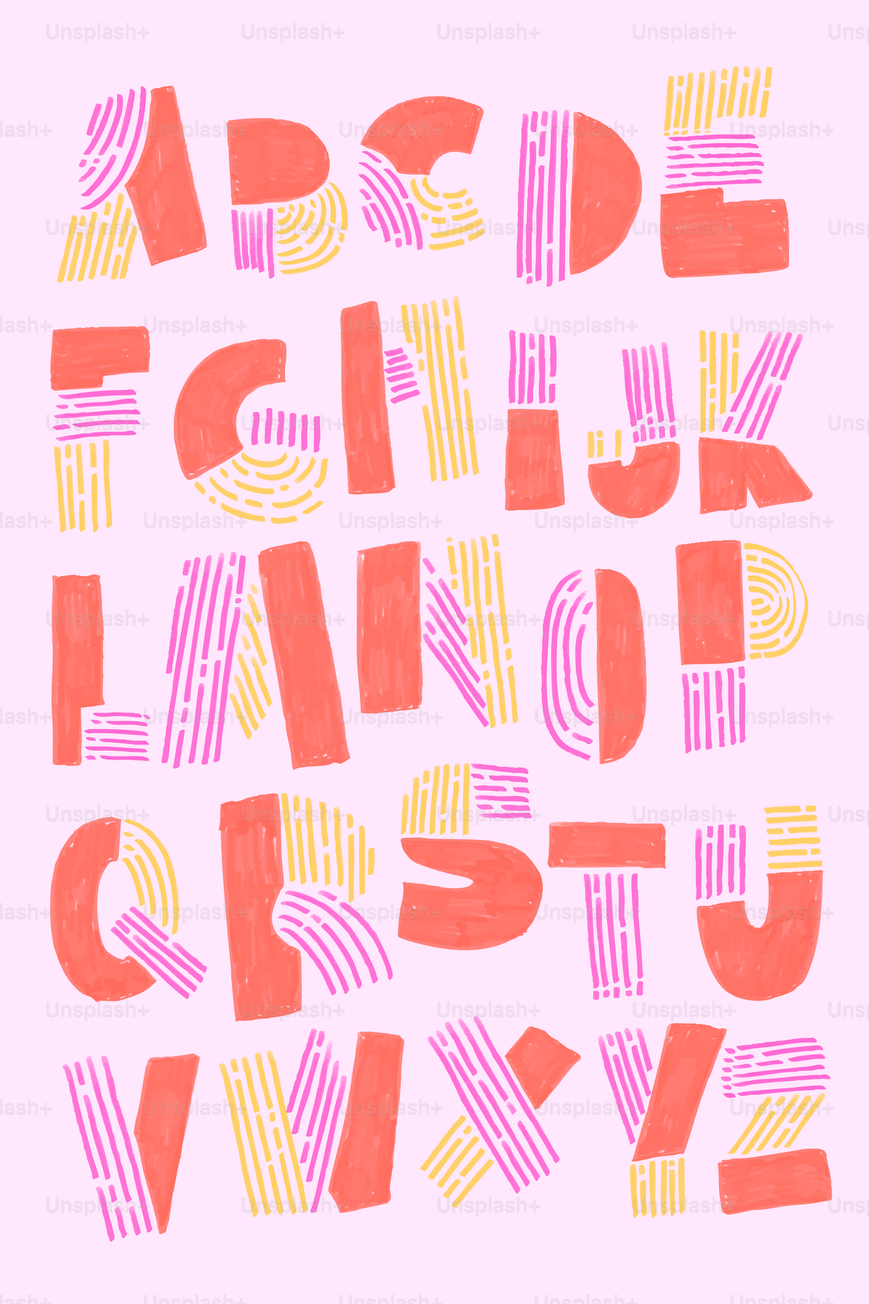 L’alphabet anglais en formes géométriques stylisées de corail, rose et jaune sur fond rose
