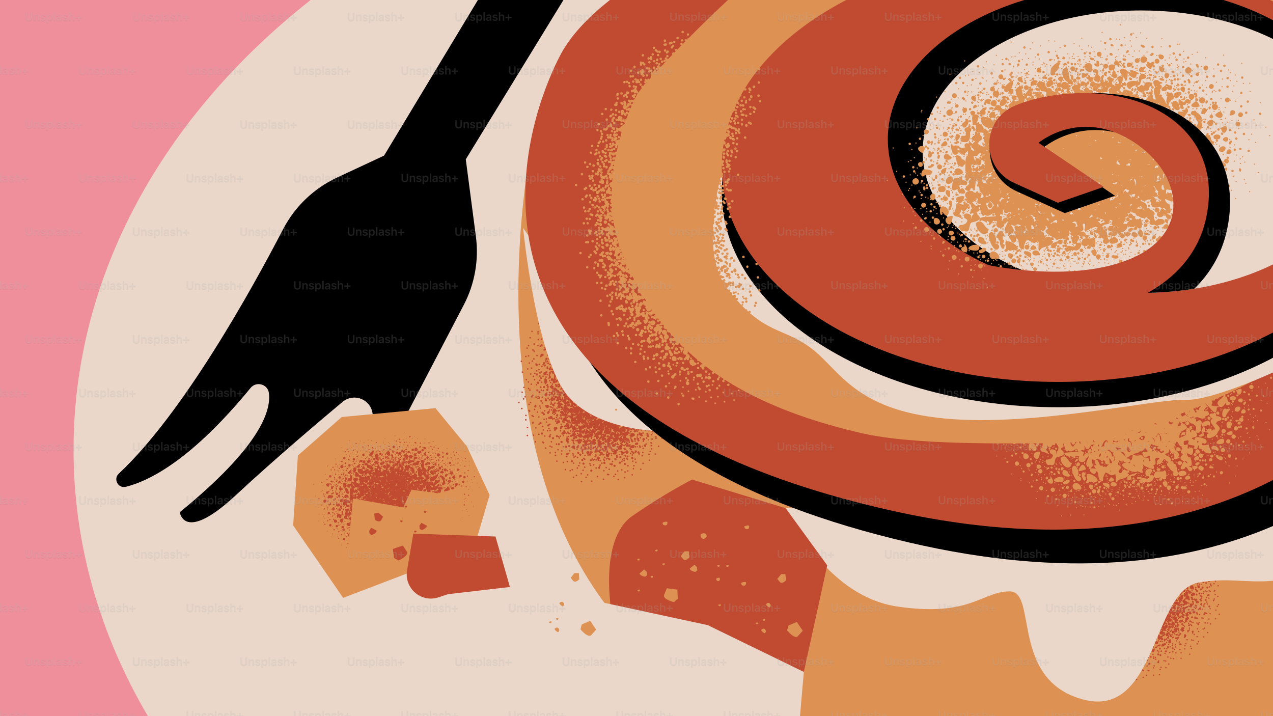 A stylized cinnamon roll with a black fork on a pink background