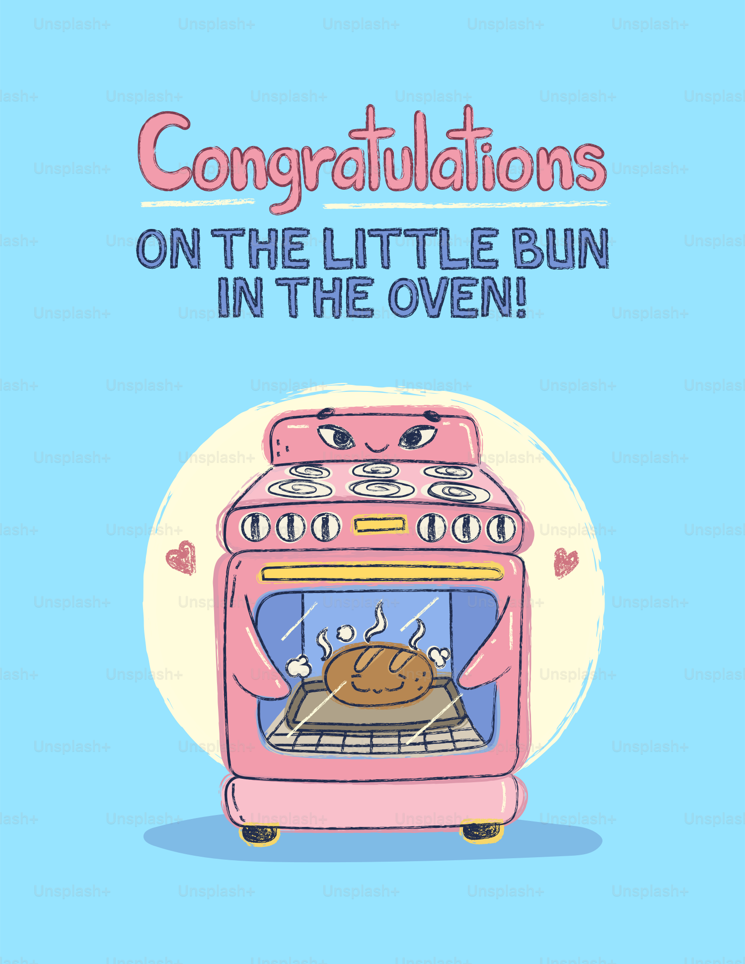 A pink oven illustration with a baking bun inside on a light blue background