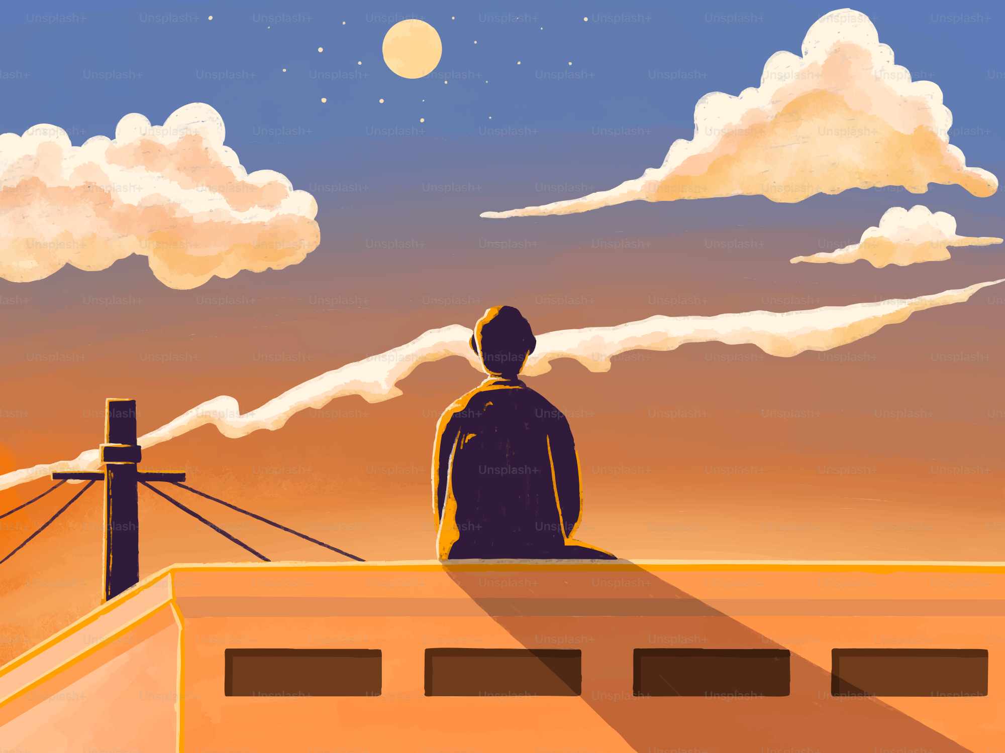 Une personne en silhouette sur un toit sous un ciel orange chaud avec des nuages