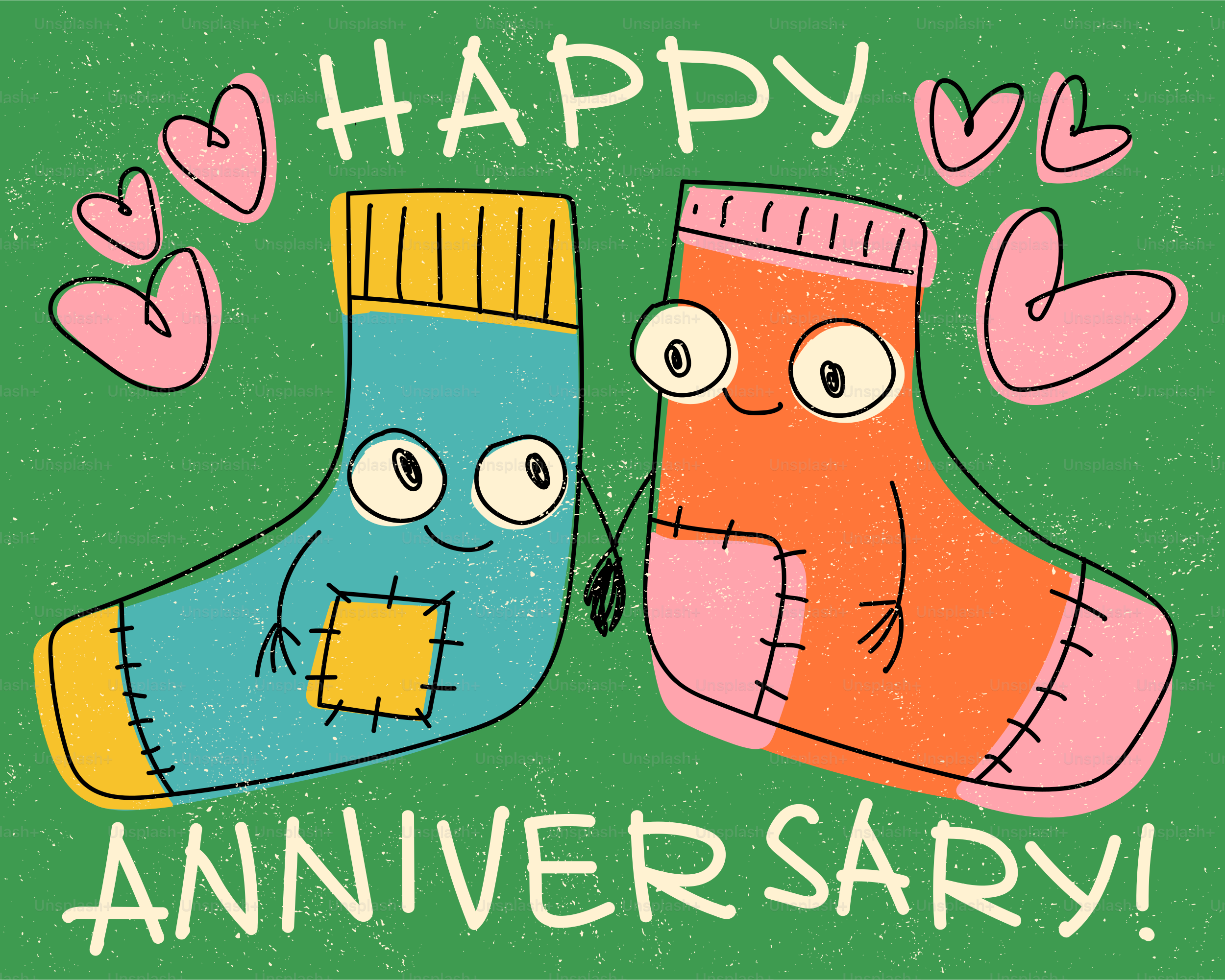 Two cartoon socks holding hands with pink hearts on a green background