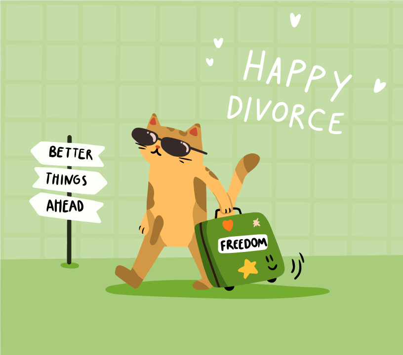 A cartoon cat wearing sunglasses pulling a green suitcase labeled freedom past a sign