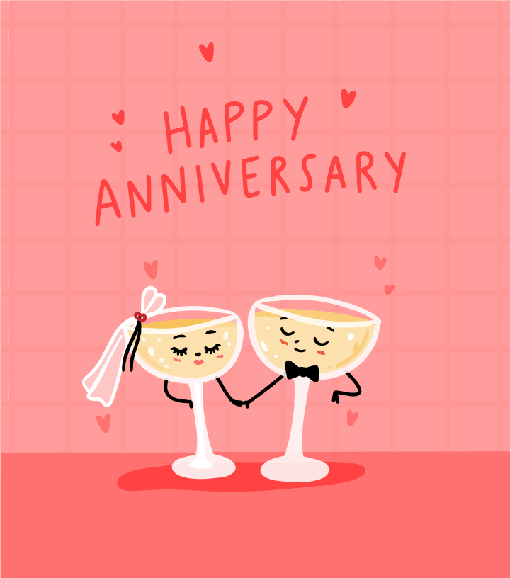 Two cartoon champagne glasses with faces holding hands on a pink background