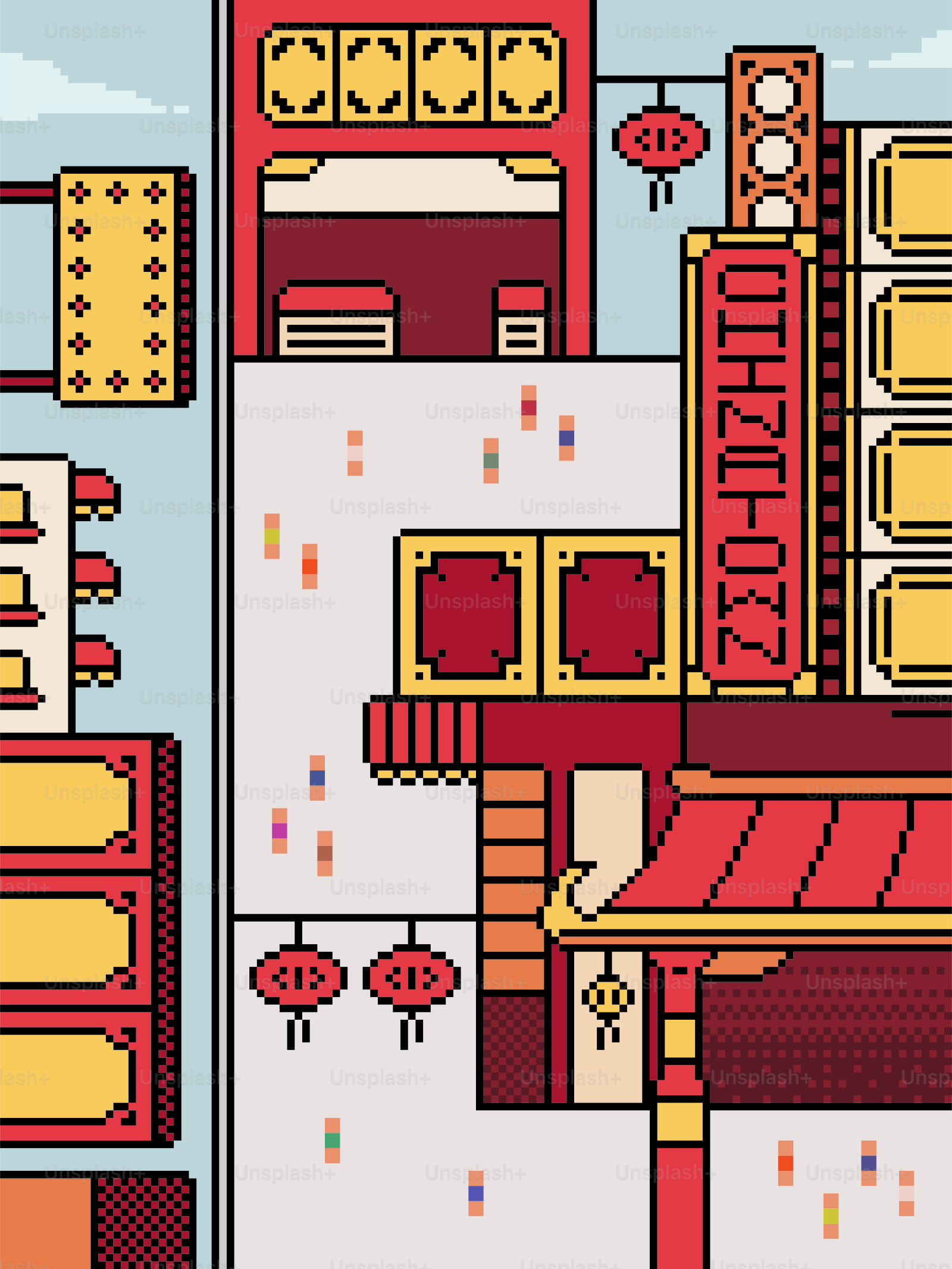 Pixel art de uma rua com lanternas vermelhas e prédios tradicionais