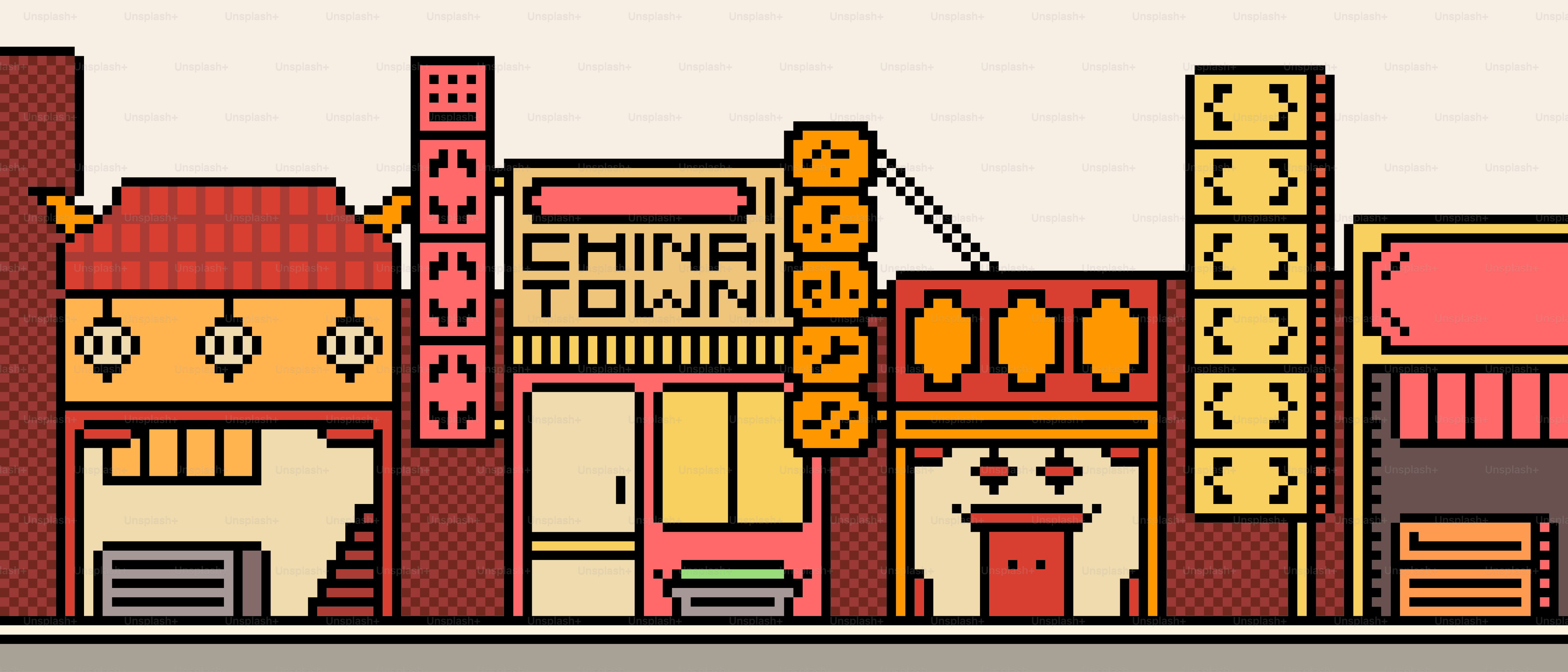 Cena de rua em pixel art com prédios e uma placa dizendo Chinatown