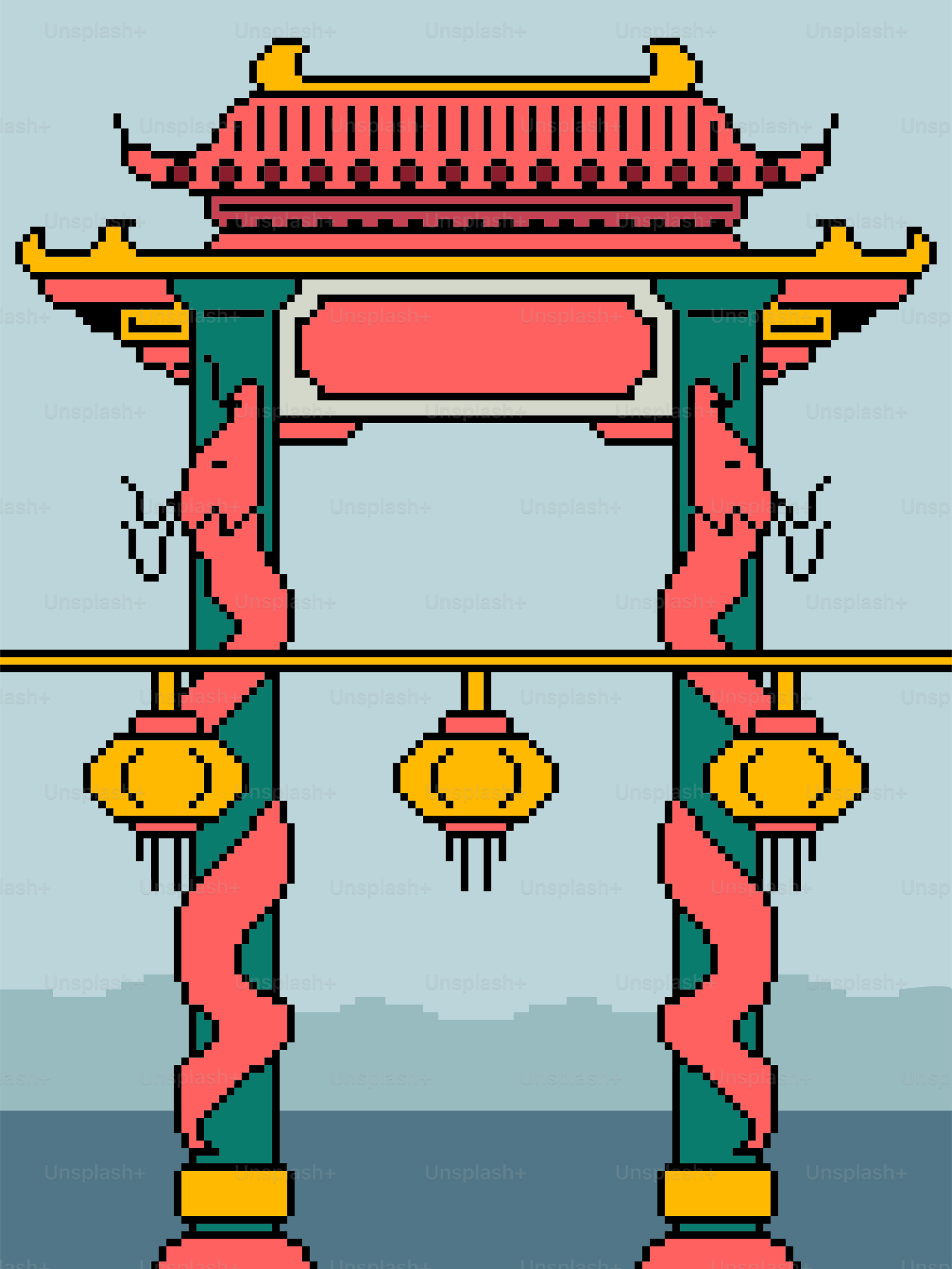 Um portão pixel art com dragões vermelhos e lanternas amarelas sobre um fundo azul