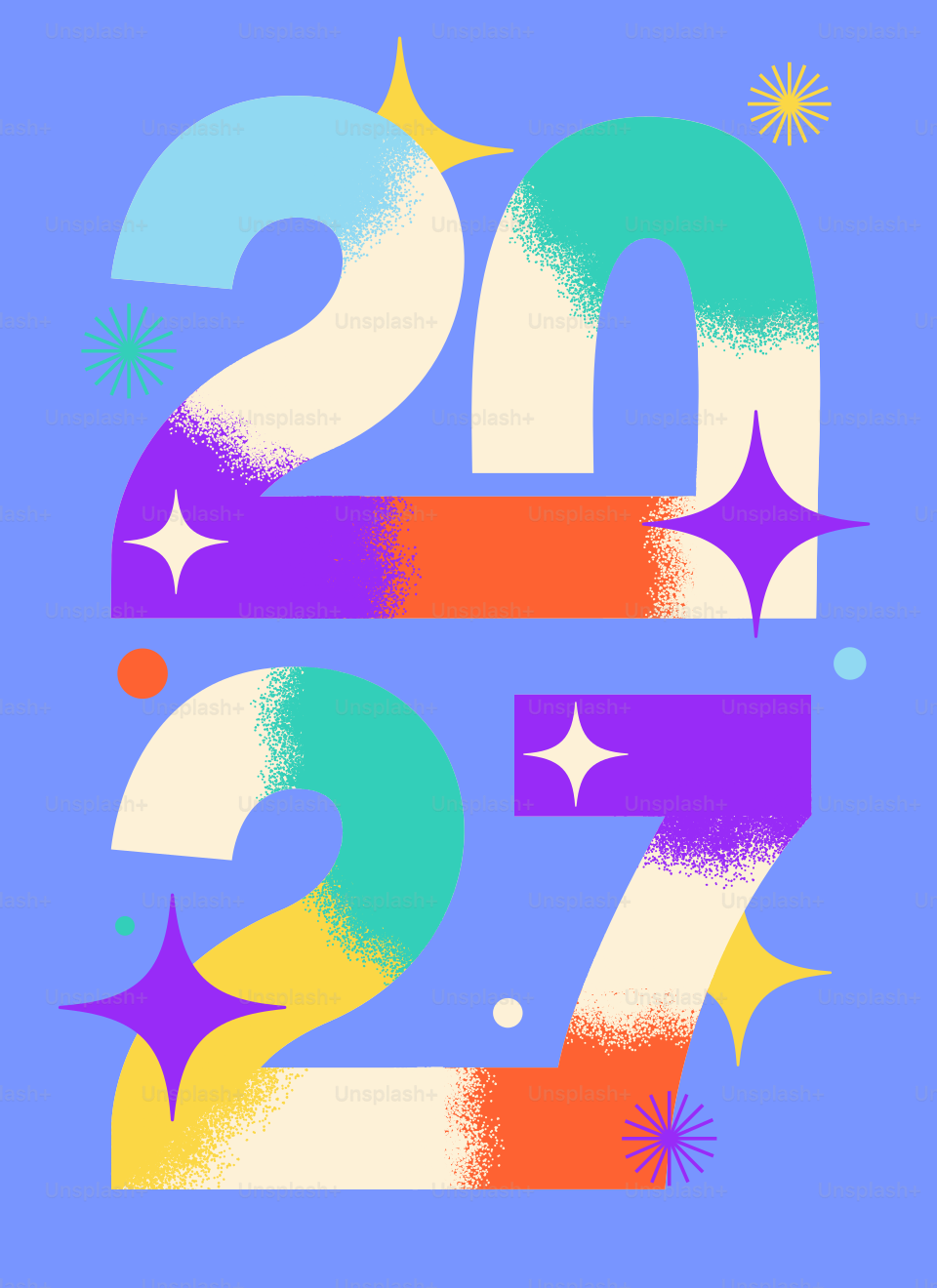The numbers 2027 in colorful textured typography with stars on a blue background